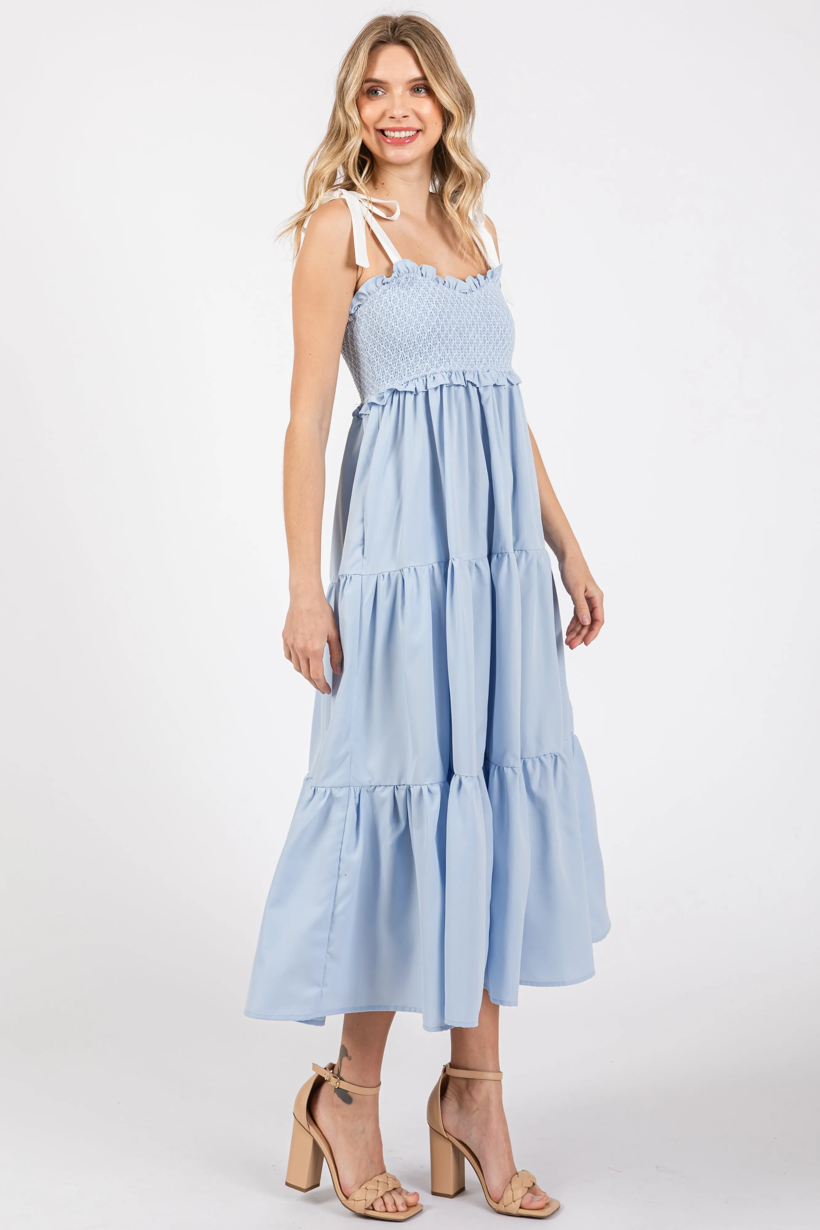 Light Blue Sleeveless Tiered Colorblock Strap Maternity Maxi Dress sold by Pinkblush product image thumbnail 5