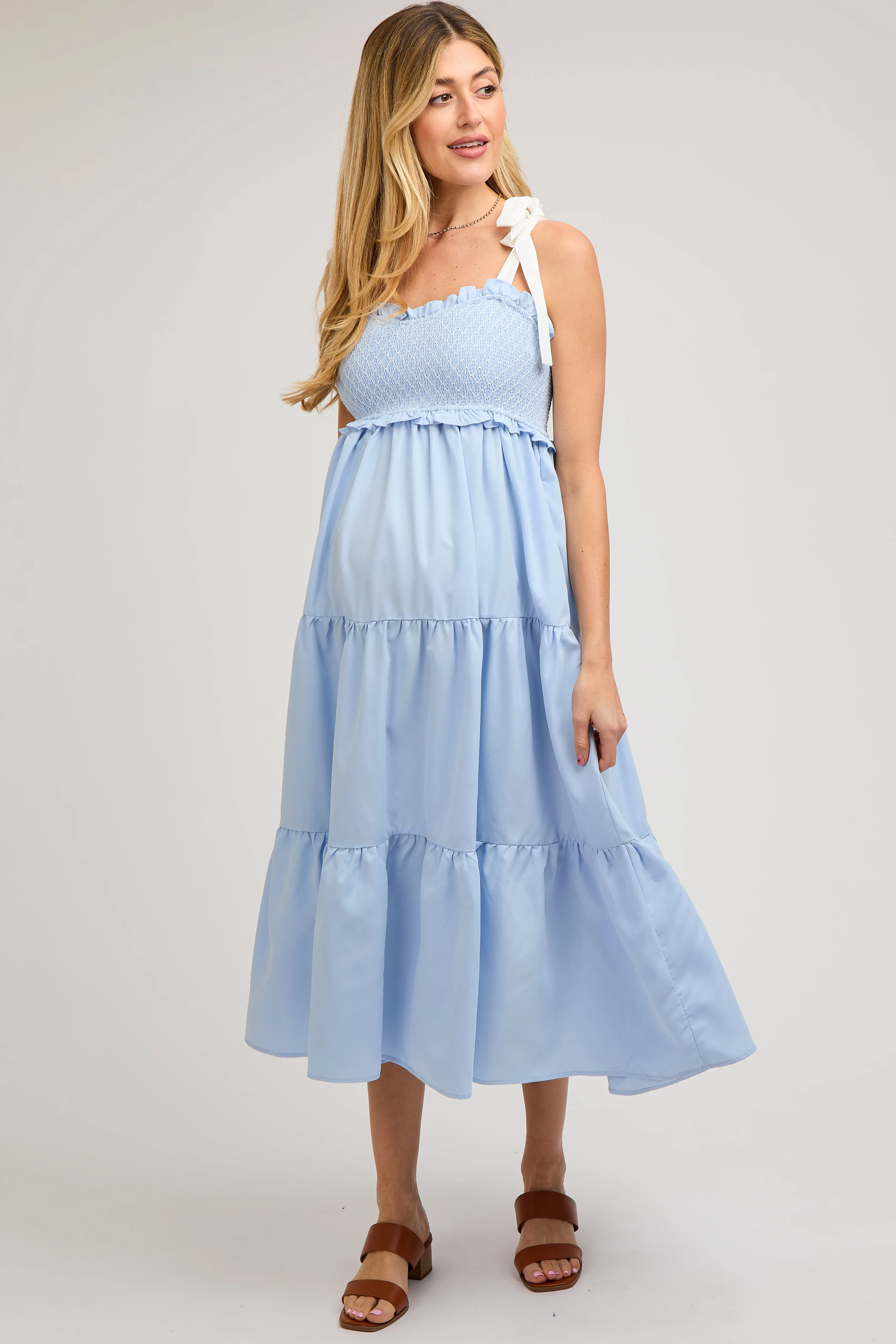 Light Blue Sleeveless Tiered Colorblock Strap Maternity Maxi Dress sold by Pinkblush product image thumbnail 2