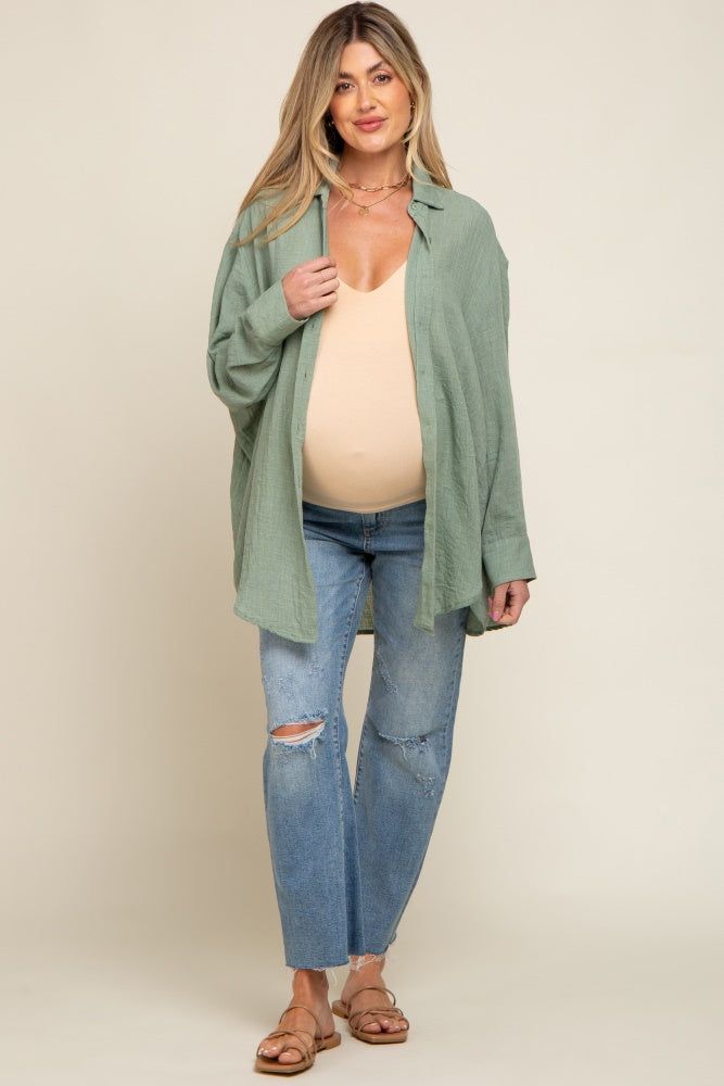 Green Lightweight Sheer Button Down Maternity Blouse sold by Pinkblush product image thumbnail 4