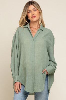 Green Lightweight Sheer Button Down Maternity Blouse sold by Pinkblush