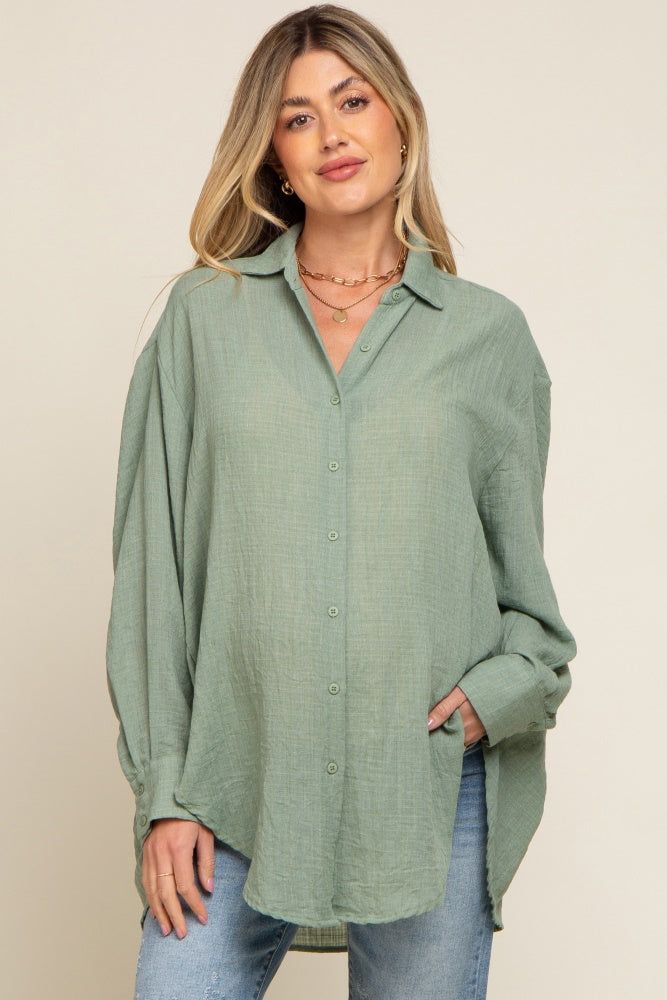 Green Lightweight Sheer Button Down Maternity Blouse sold by Pinkblush
