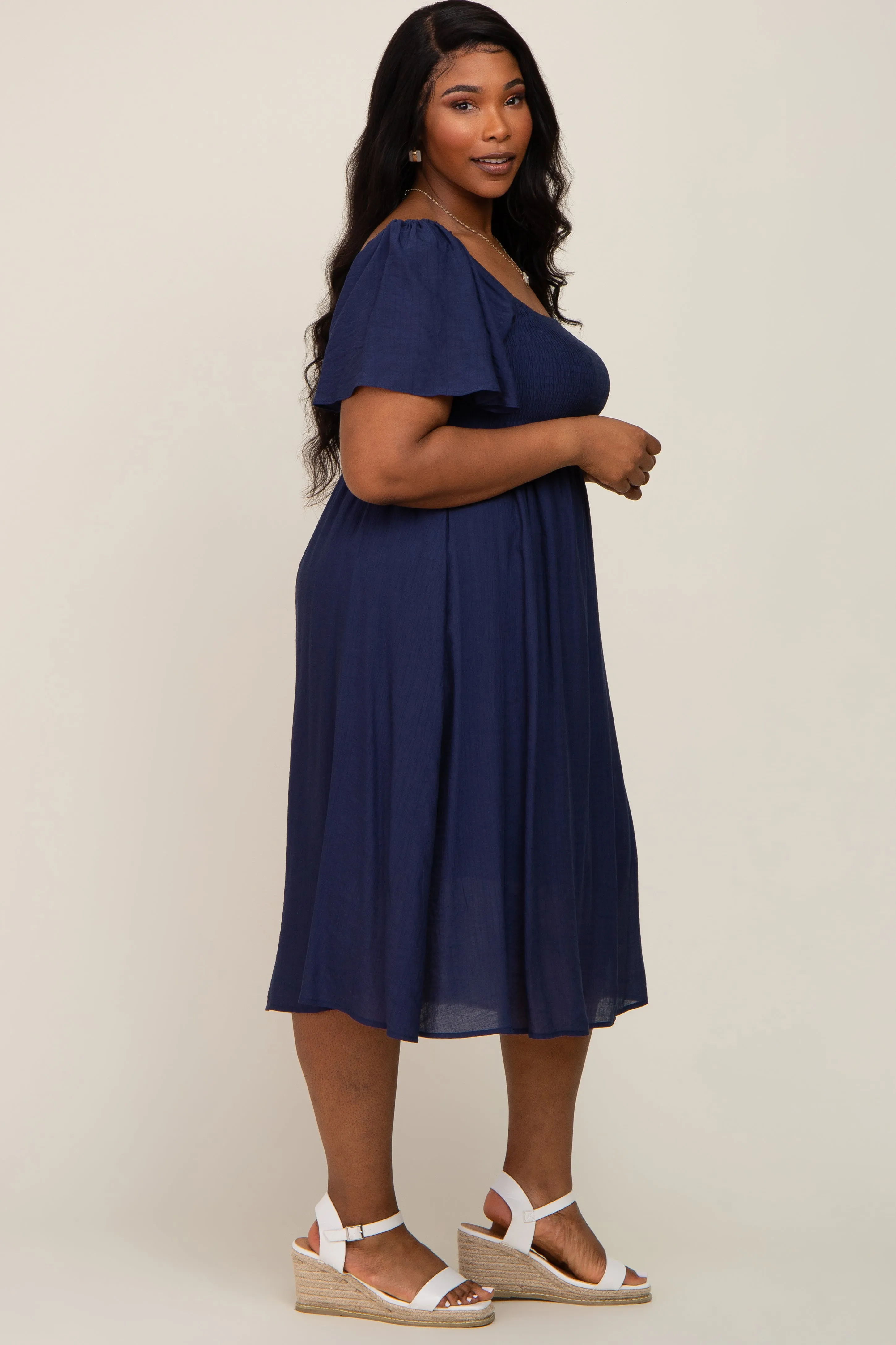 Navy Blue Smocked Square Neck Flutter Short Sleeve Plus Midi Dress sold by Pinkblush product image thumbnail 2