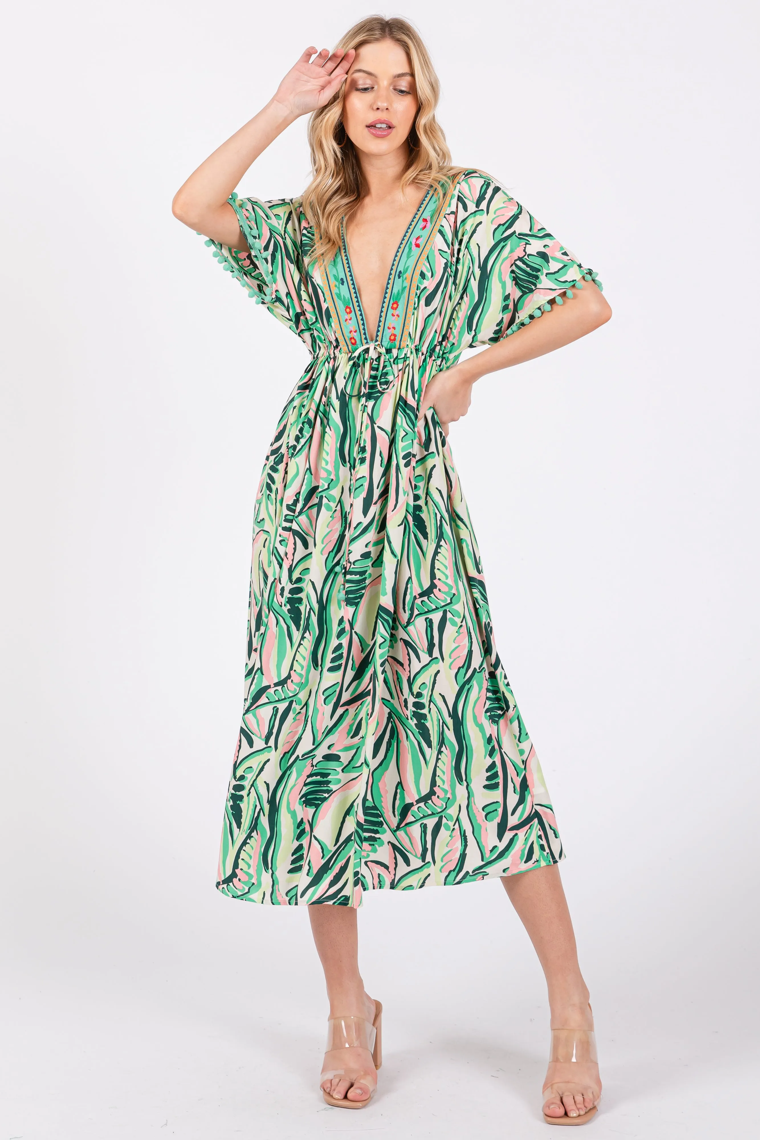 Green Embroidered V-Neck Short Pom Sleeve Midi Dress sold by Pinkblush