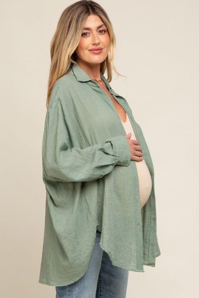 Green Lightweight Sheer Button Down Maternity Blouse sold by Pinkblush product image thumbnail 2