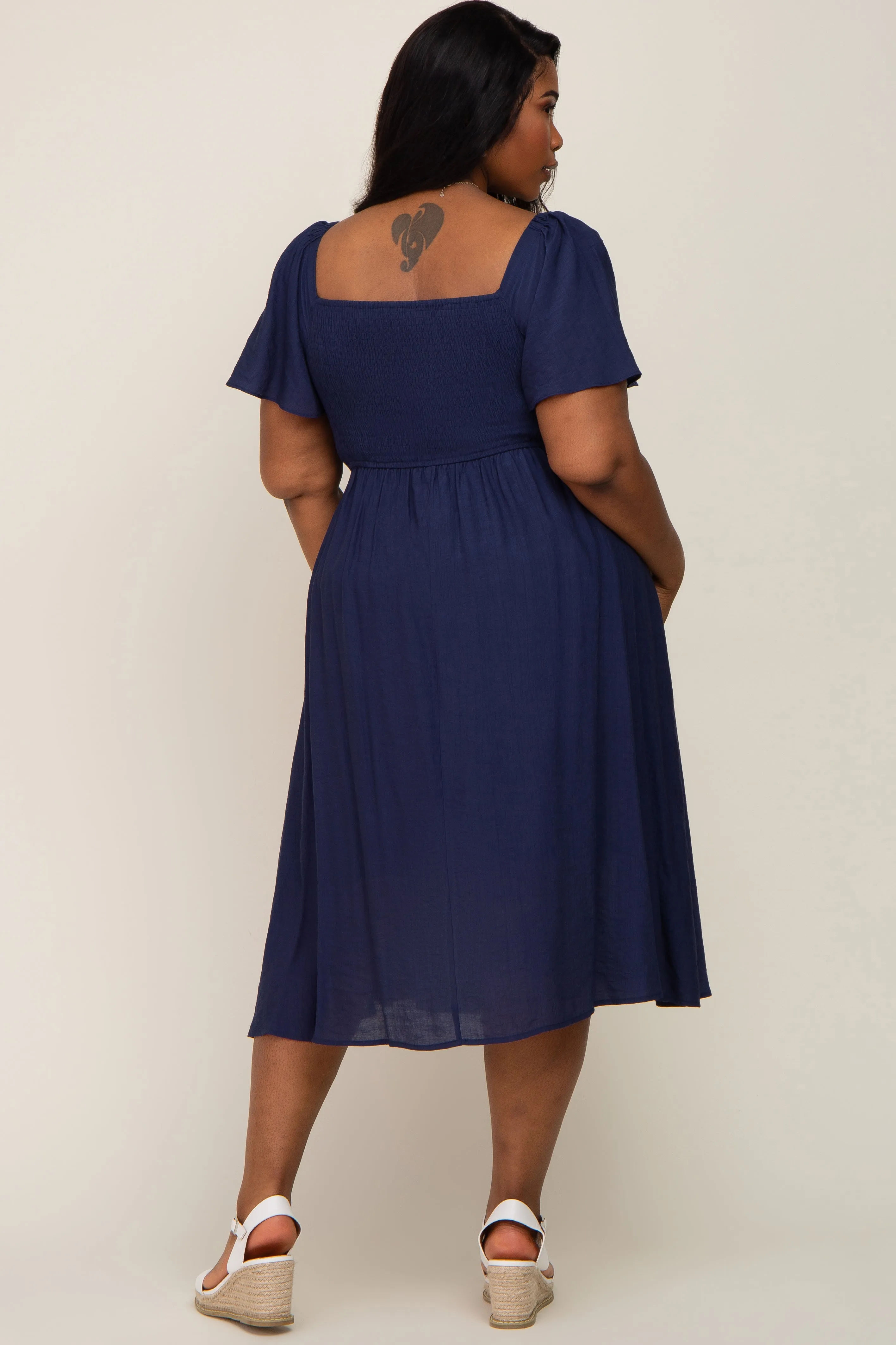 Navy Blue Smocked Square Neck Flutter Short Sleeve Plus Midi Dress sold by Pinkblush product image thumbnail 3