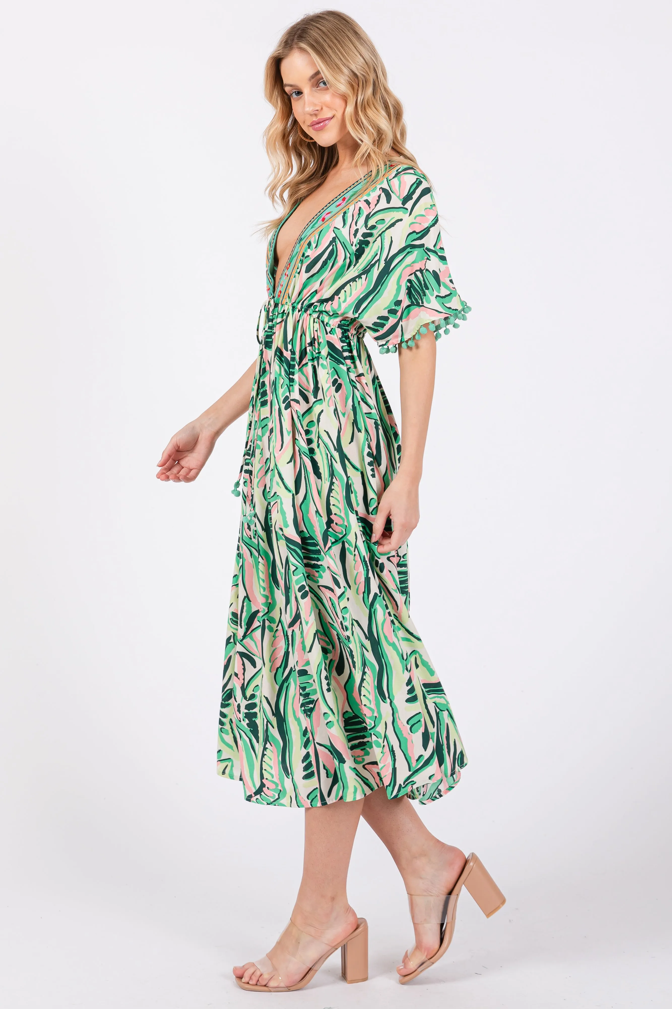 Green Embroidered V-Neck Short Pom Sleeve Midi Dress sold by Pinkblush product image thumbnail 2
