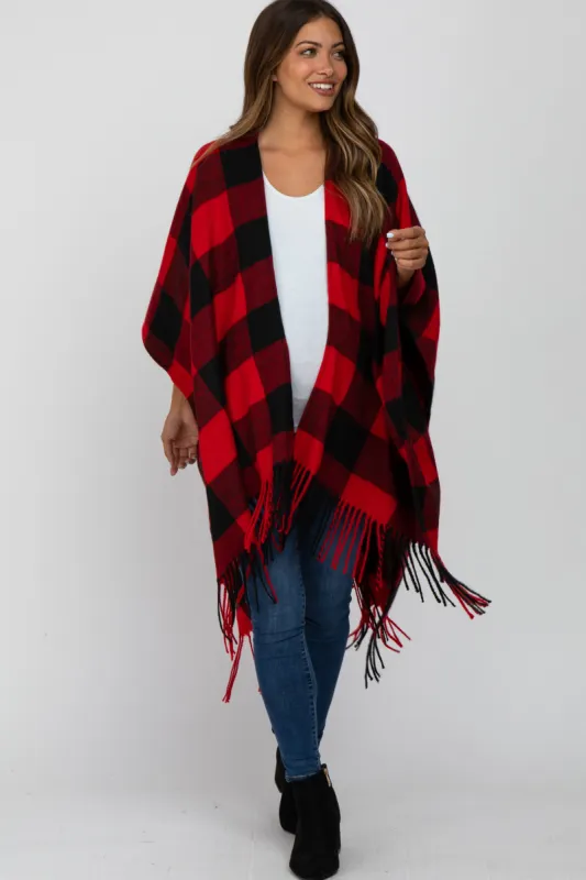 Red Plaid Fringe Maternity Poncho made by Pinkblush
