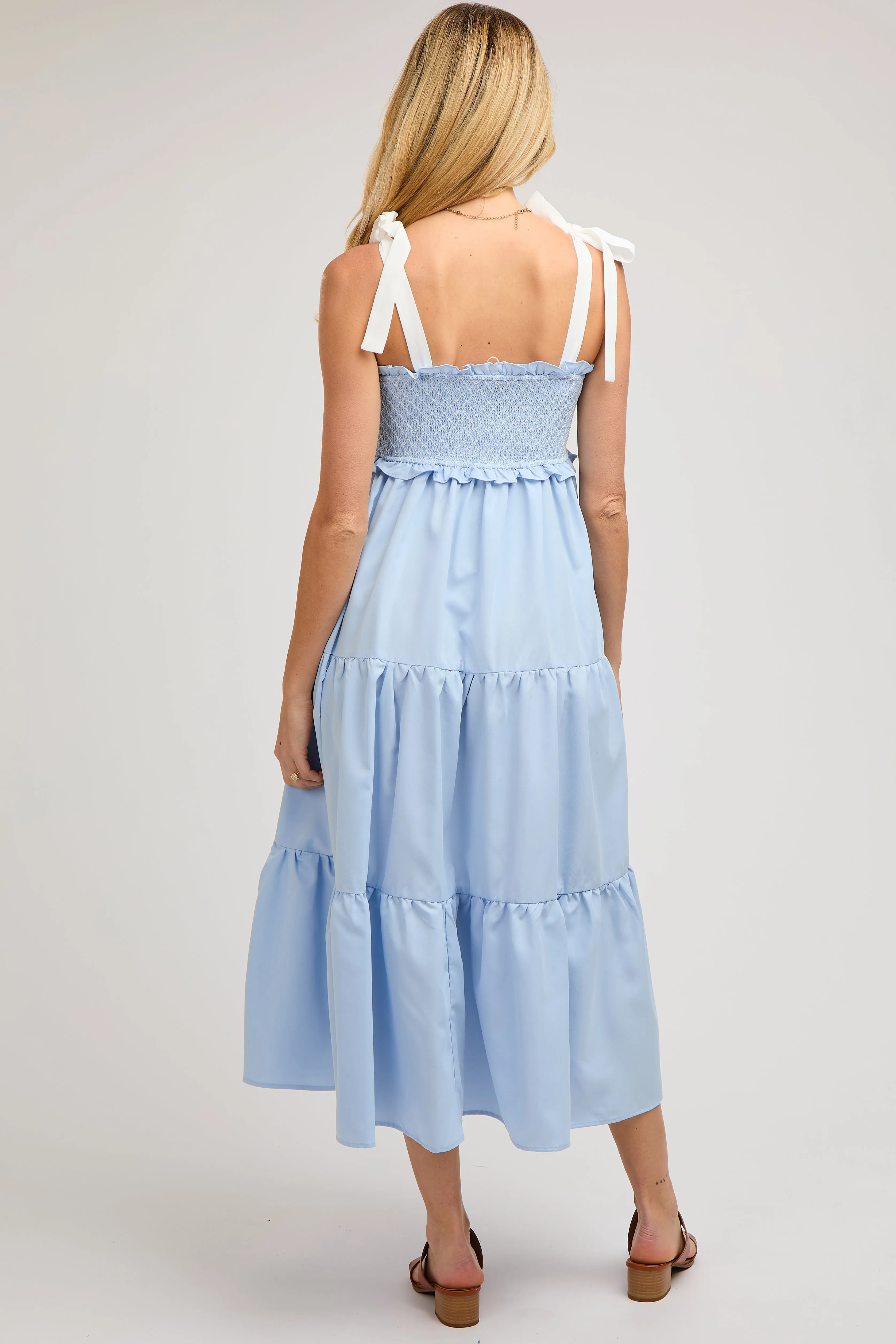 Light Blue Sleeveless Tiered Colorblock Strap Maternity Maxi Dress sold by Pinkblush product image thumbnail 4