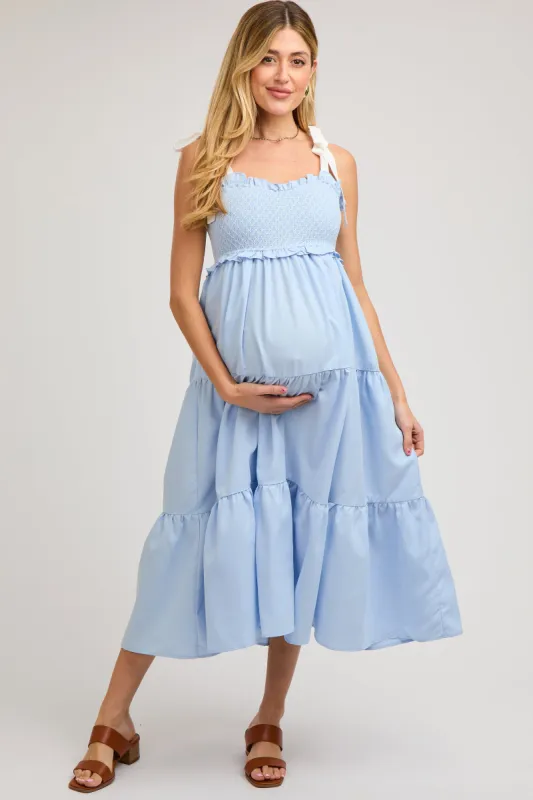 Light Blue Sleeveless Tiered Colorblock Strap Maternity Maxi Dress sold by Pinkblush