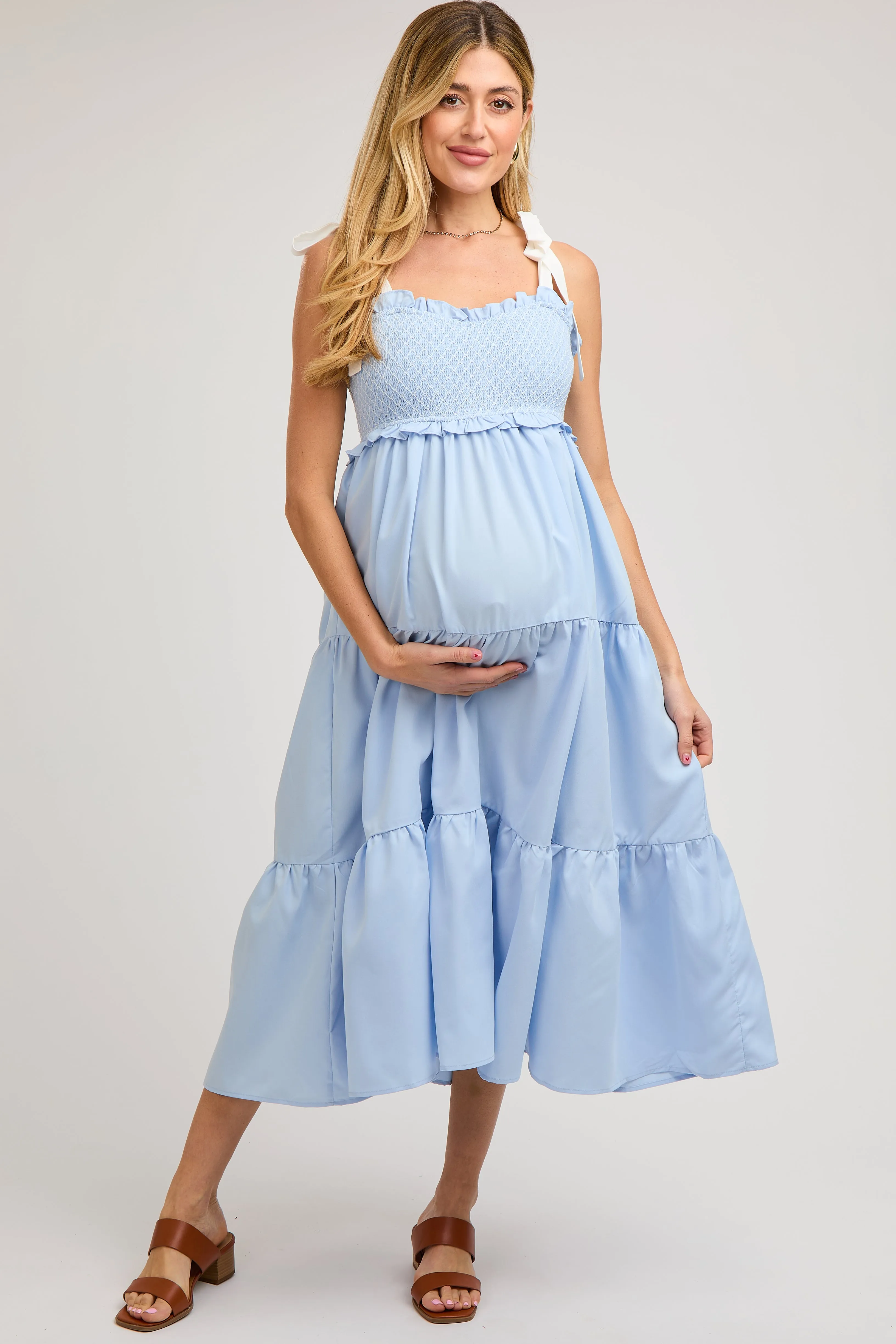 Light Blue Sleeveless Tiered Colorblock Strap Maternity Maxi Dress sold by Pinkblush