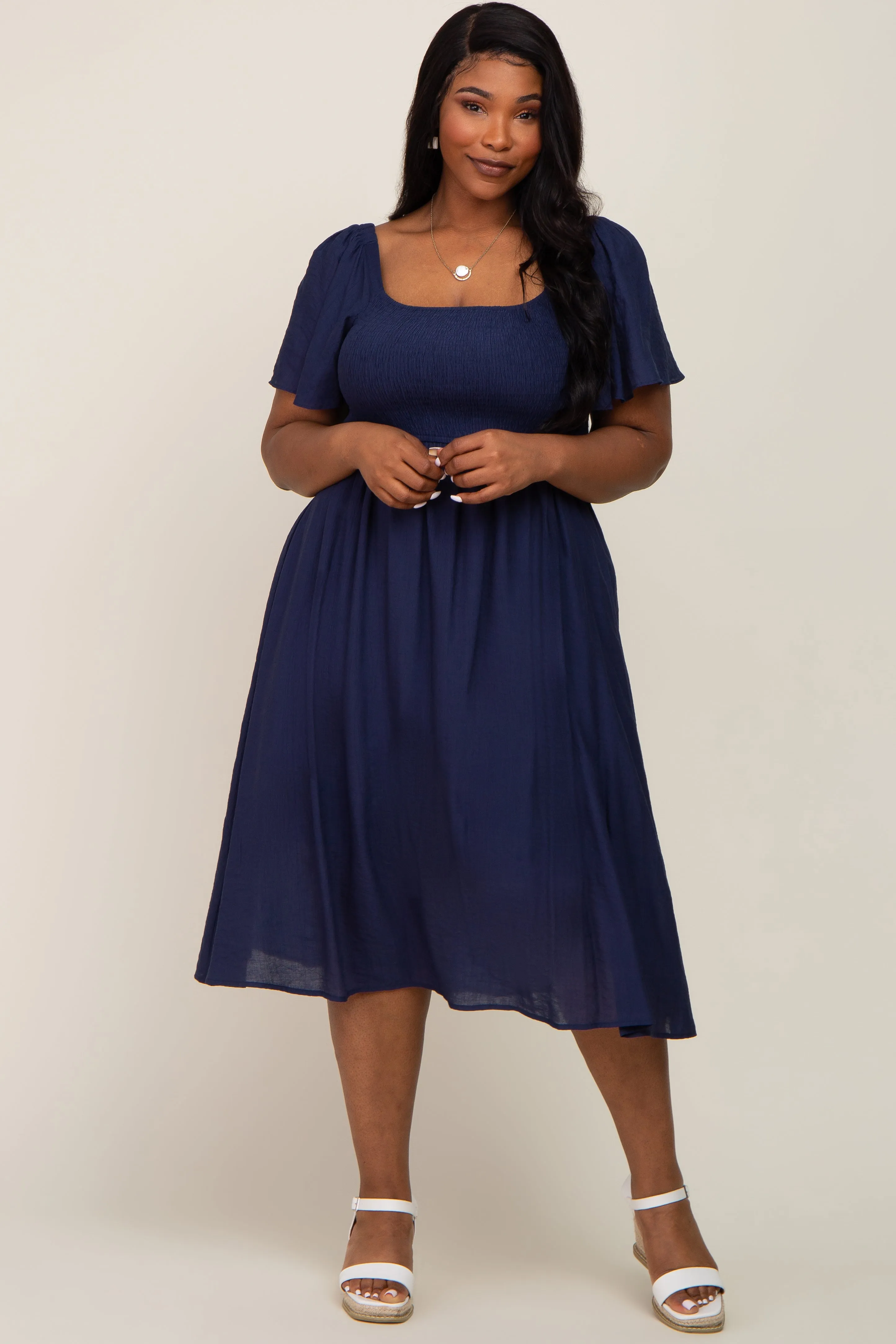 Navy Blue Smocked Square Neck Flutter Short Sleeve Plus Midi Dress sold by Pinkblush product image thumbnail 4