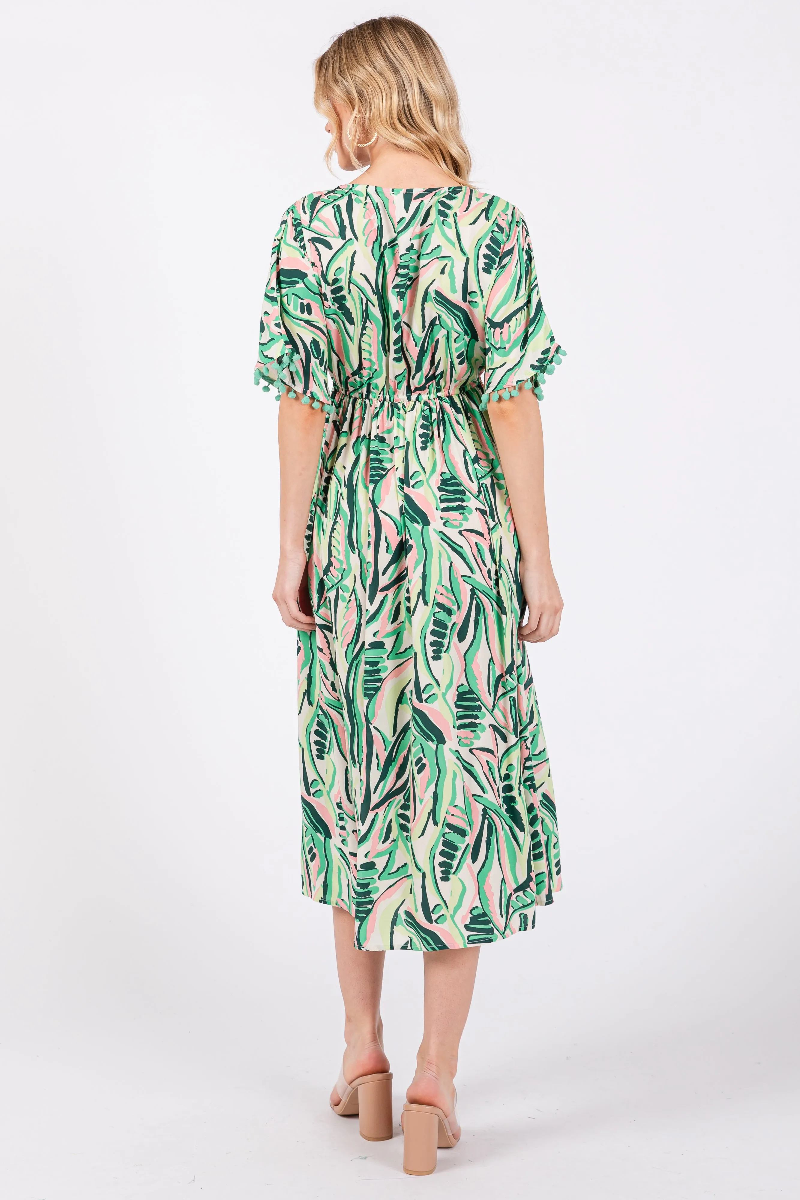 Green Embroidered V-Neck Short Pom Sleeve Midi Dress sold by Pinkblush product image thumbnail 3