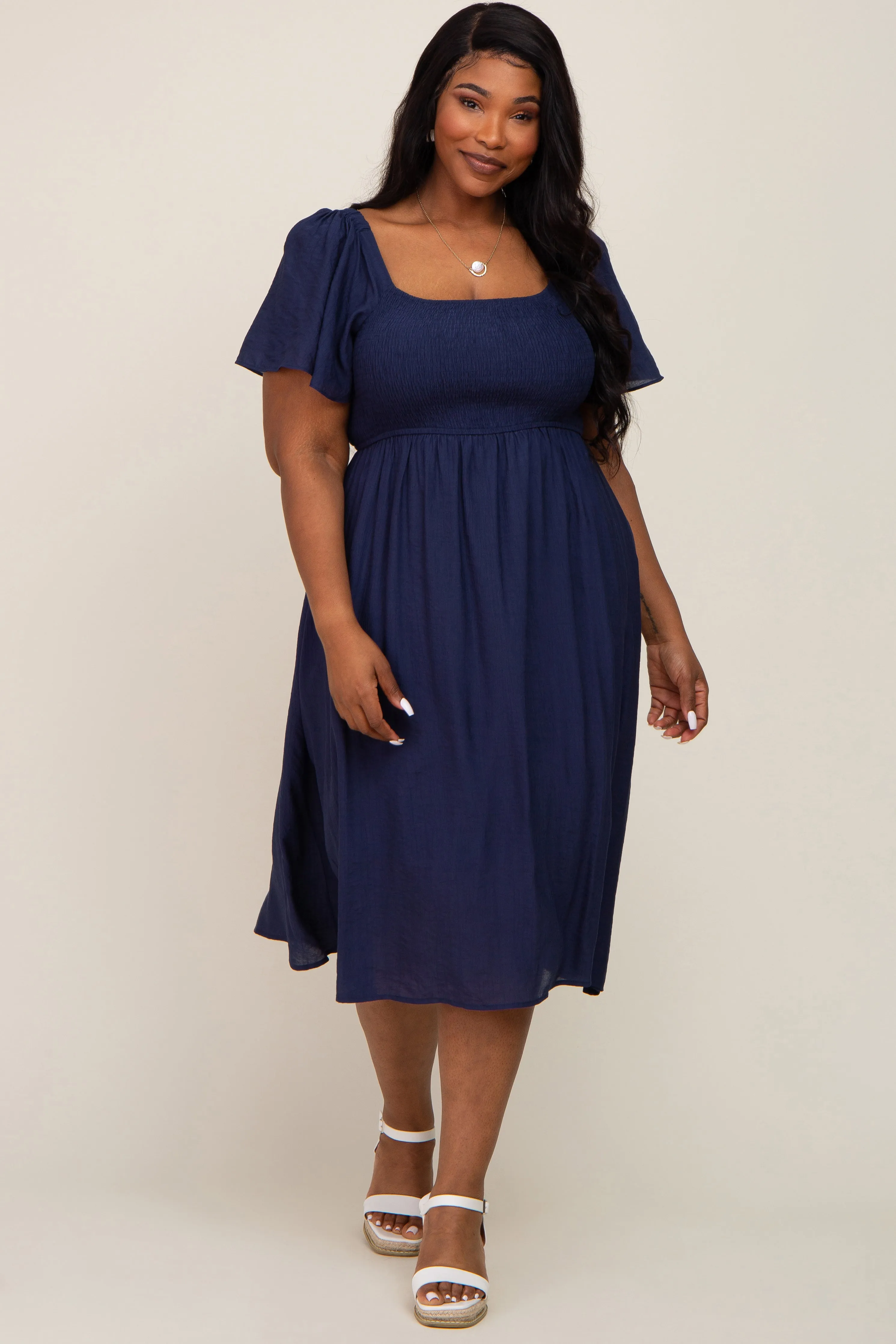 Navy Blue Smocked Square Neck Flutter Short Sleeve Plus Midi Dress sold by Pinkblush