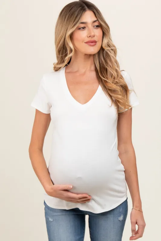 Ivory V-Neck Short Sleeve Maternity Top sold by Pinkblush