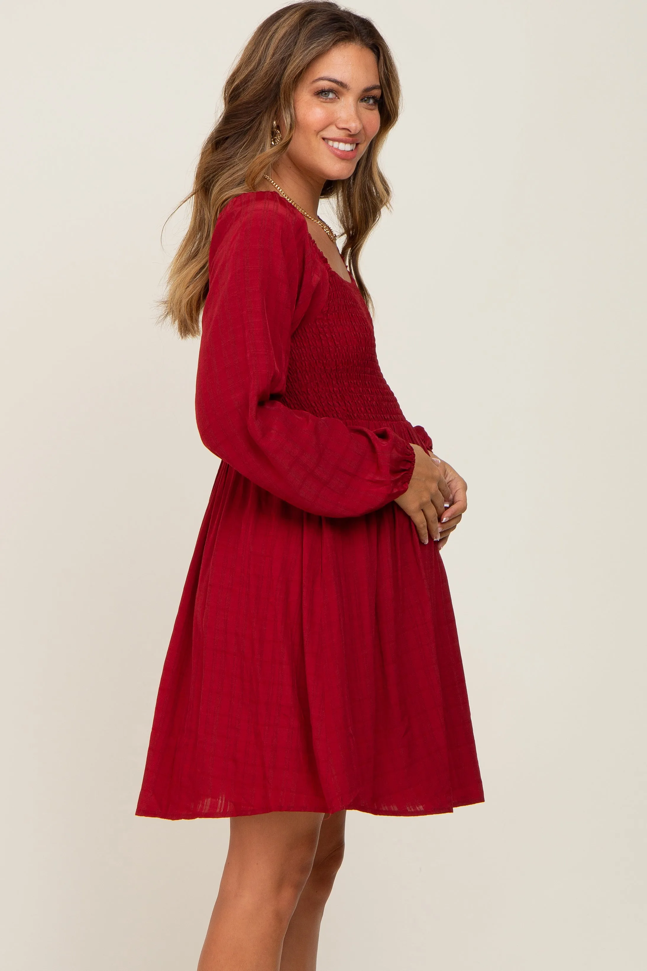 Burgundy Smocked Long Sleeve Maternity Dress sold by Pinkblush product image thumbnail 2