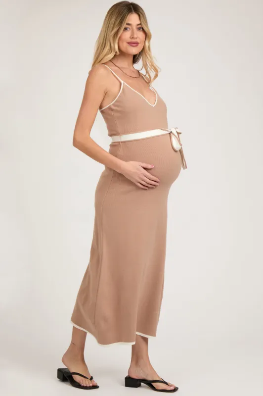 Taupe Contrast Piping Maternity Midi Dress sold by Pinkblush