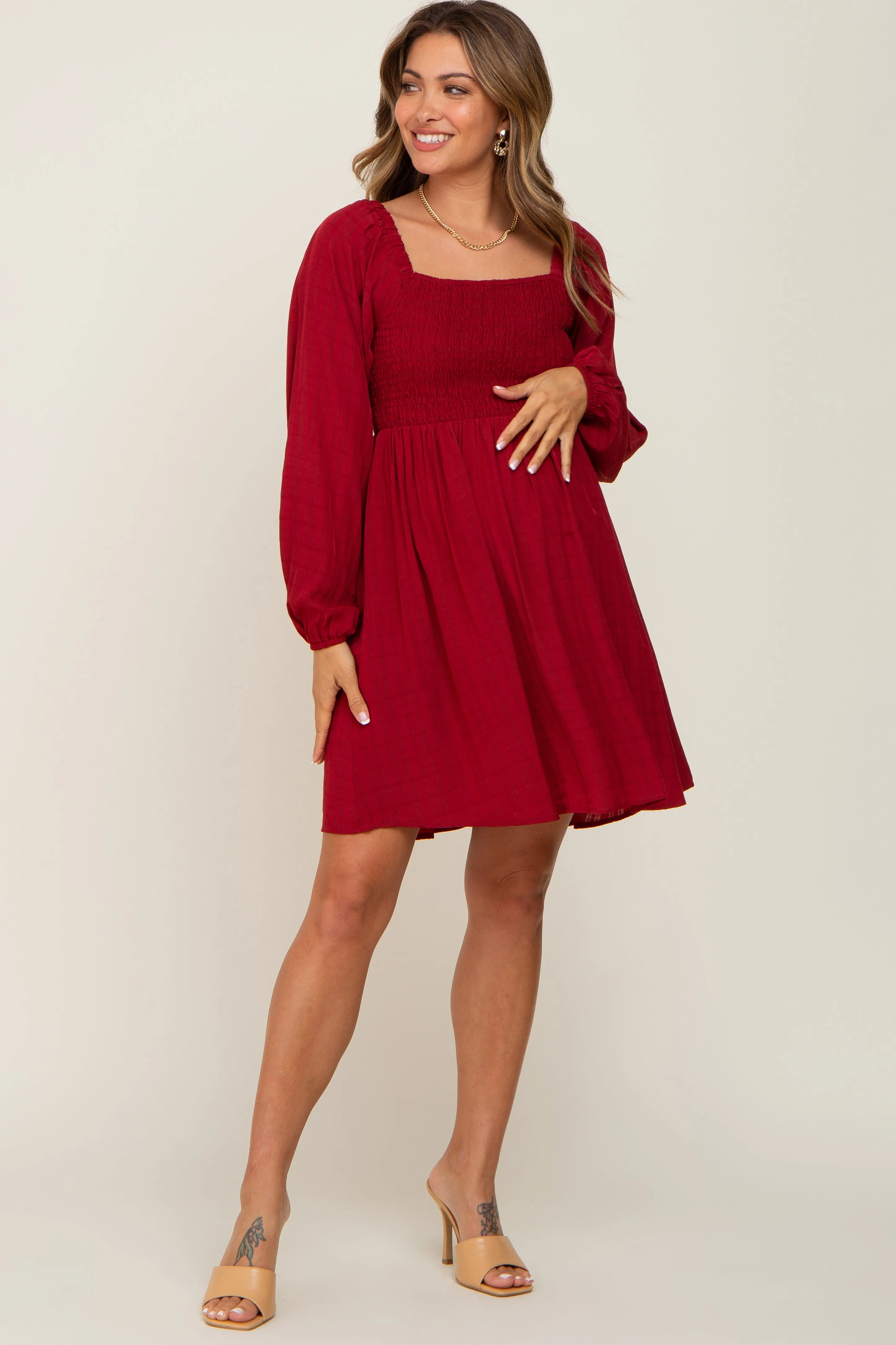 Burgundy Smocked Long Sleeve Maternity Dress sold by Pinkblush product image thumbnail 4