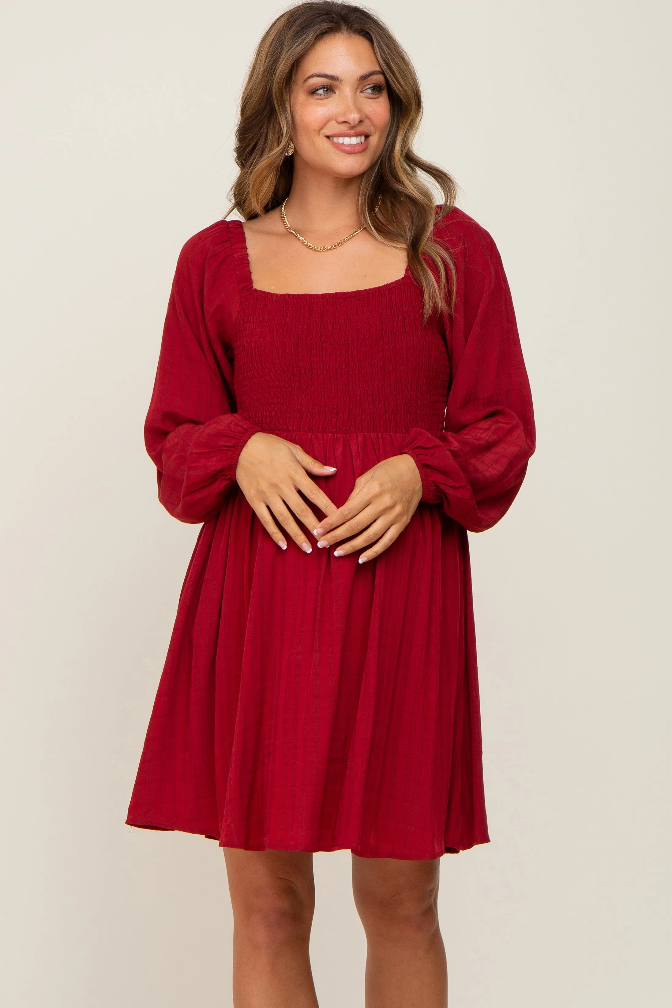Burgundy Smocked Long Sleeve Maternity Dress sold by Pinkblush