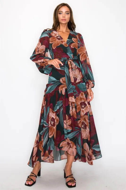 Teal Chiffon Floral Long Sleeve Wrap V-Neck Maxi Dress made by Pinkblush