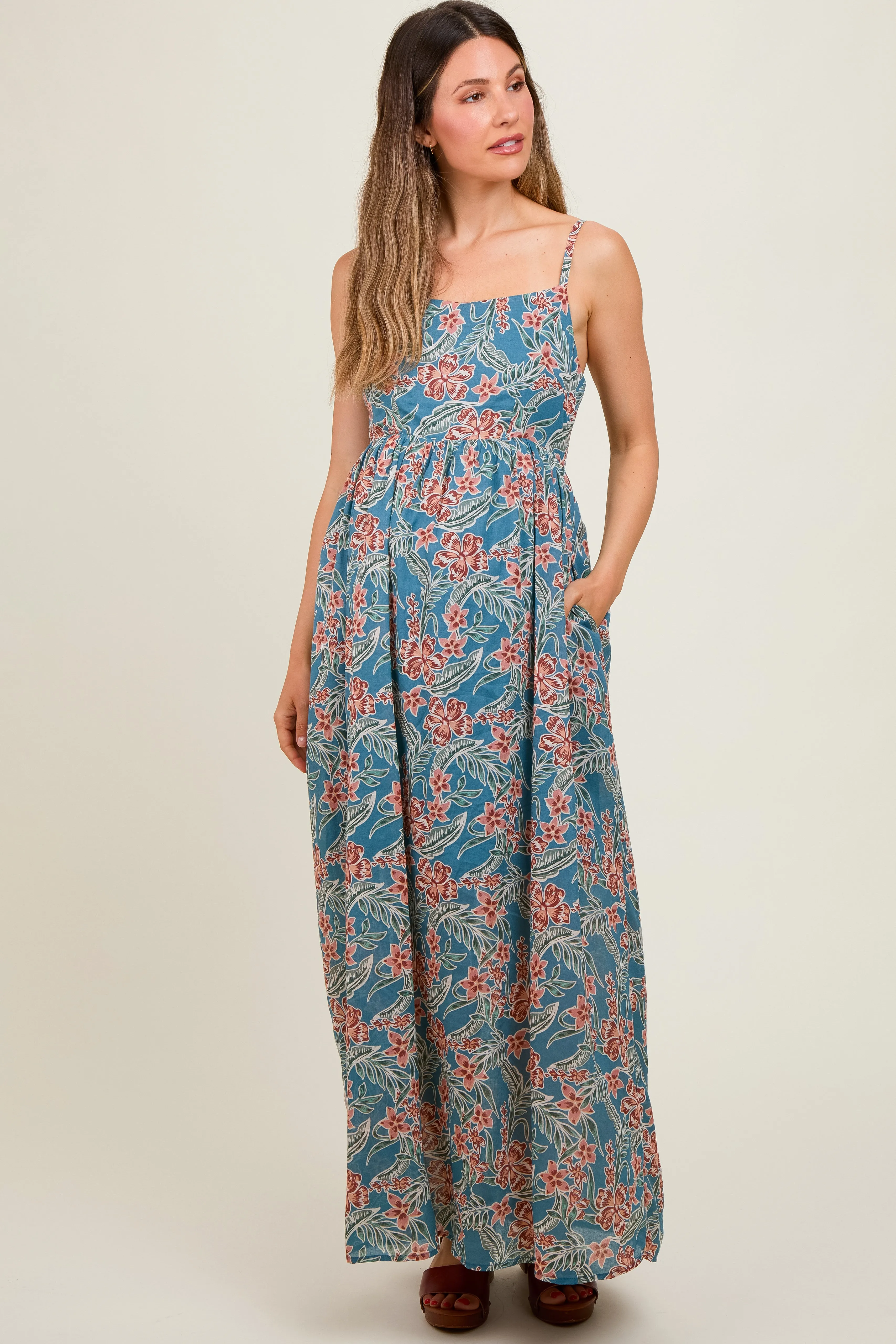 Blue Floral Lightweight Sleeveless Maternity Dress sold by Pinkblush