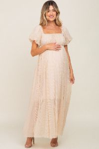 Beige Pleated Puff Sleeve Maternity Maxi Dress sold by Pinkblush