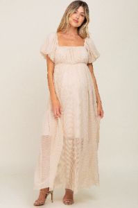 Beige Pleated Puff Sleeve Maternity Maxi Dress sold by Pinkblush