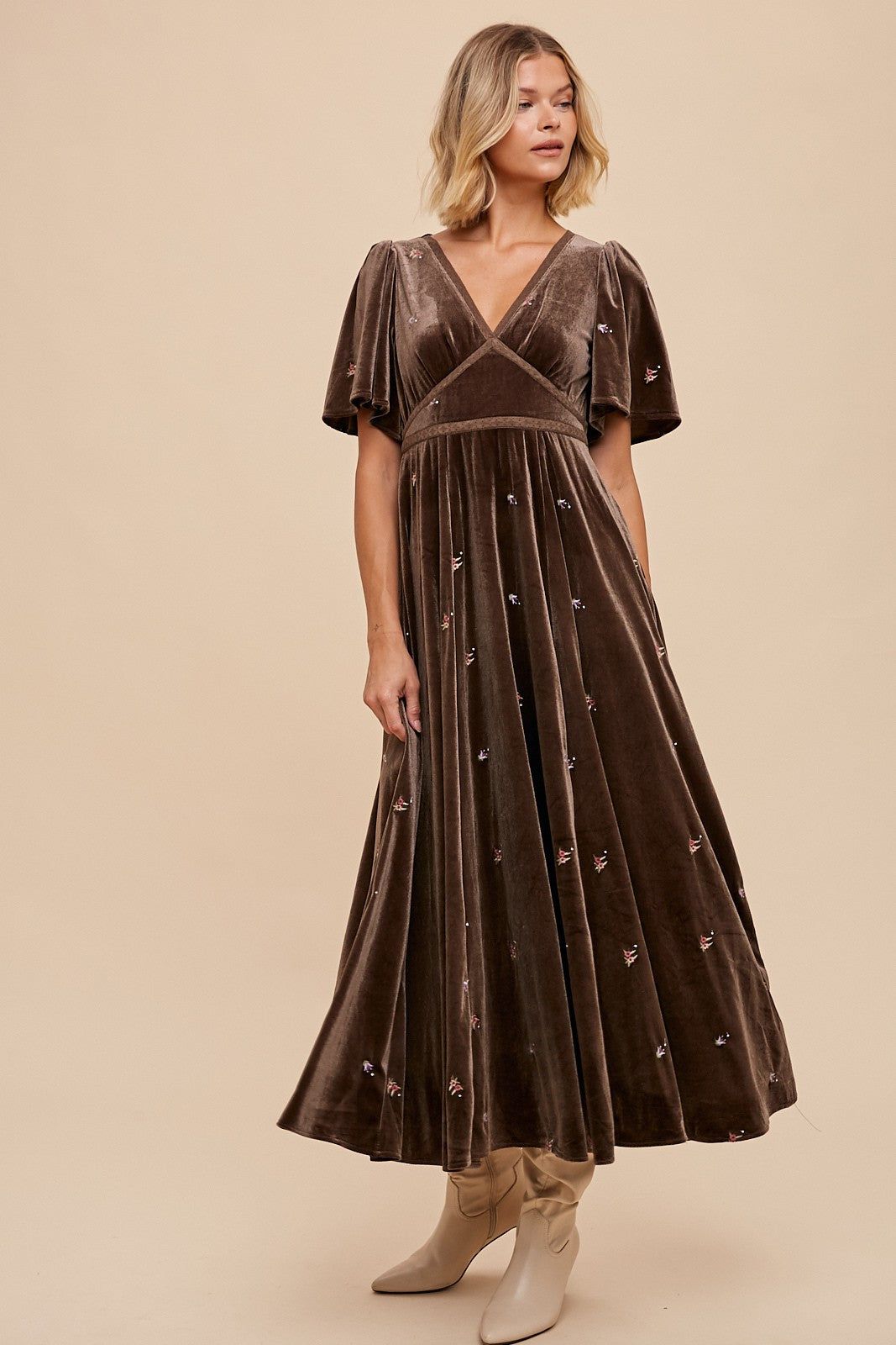 Pewter All Over Floral Embroidered Velvet Maxi Dress sold by Pinkblush product image thumbnail 3