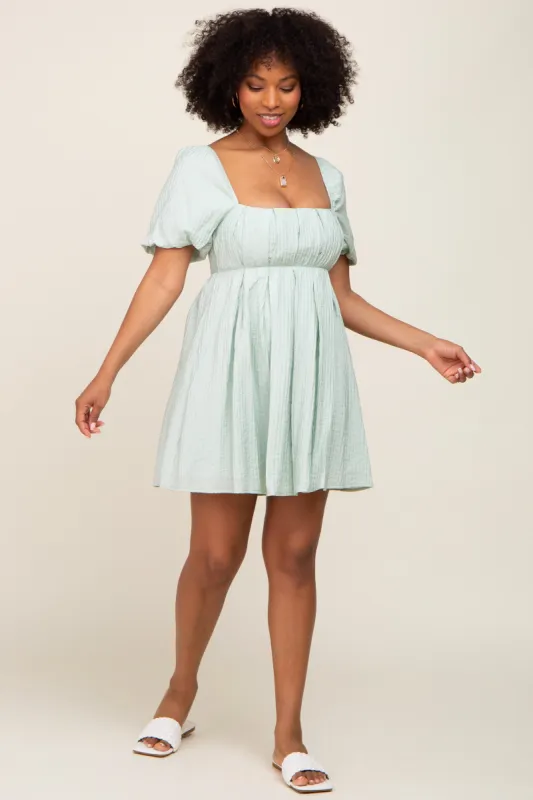 Sage Striped Pleated Puff Sleeve Mini Dress sold by Pinkblush