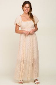 Beige Pleated Puff Sleeve Maternity Maxi Dress sold by Pinkblush
