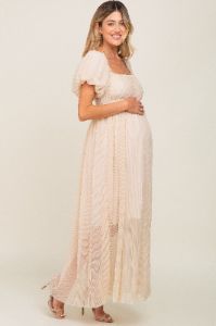 Beige Pleated Puff Sleeve Maternity Maxi Dress sold by Pinkblush