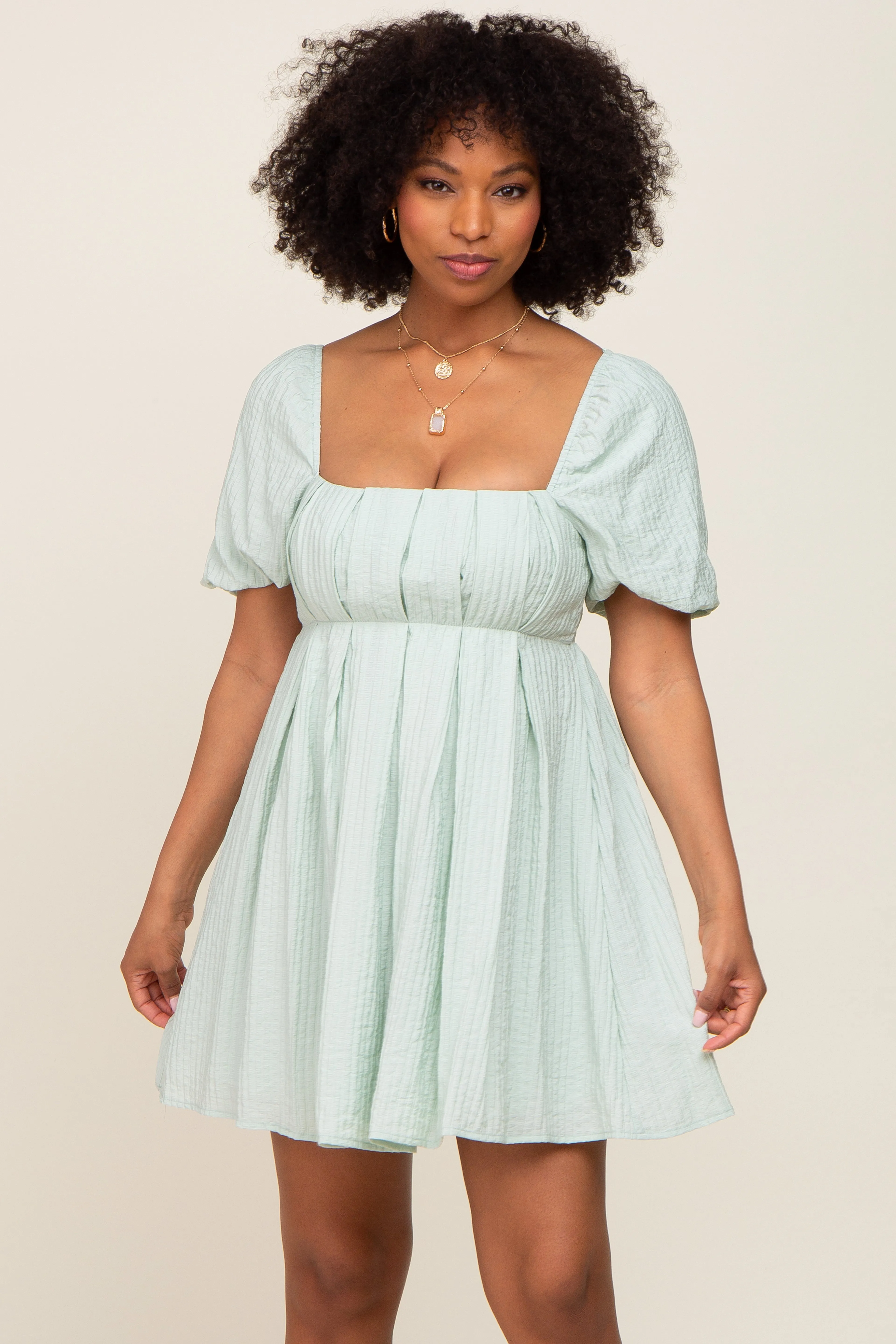Sage Striped Pleated Puff Sleeve Mini Dress sold by Pinkblush product image thumbnail 2