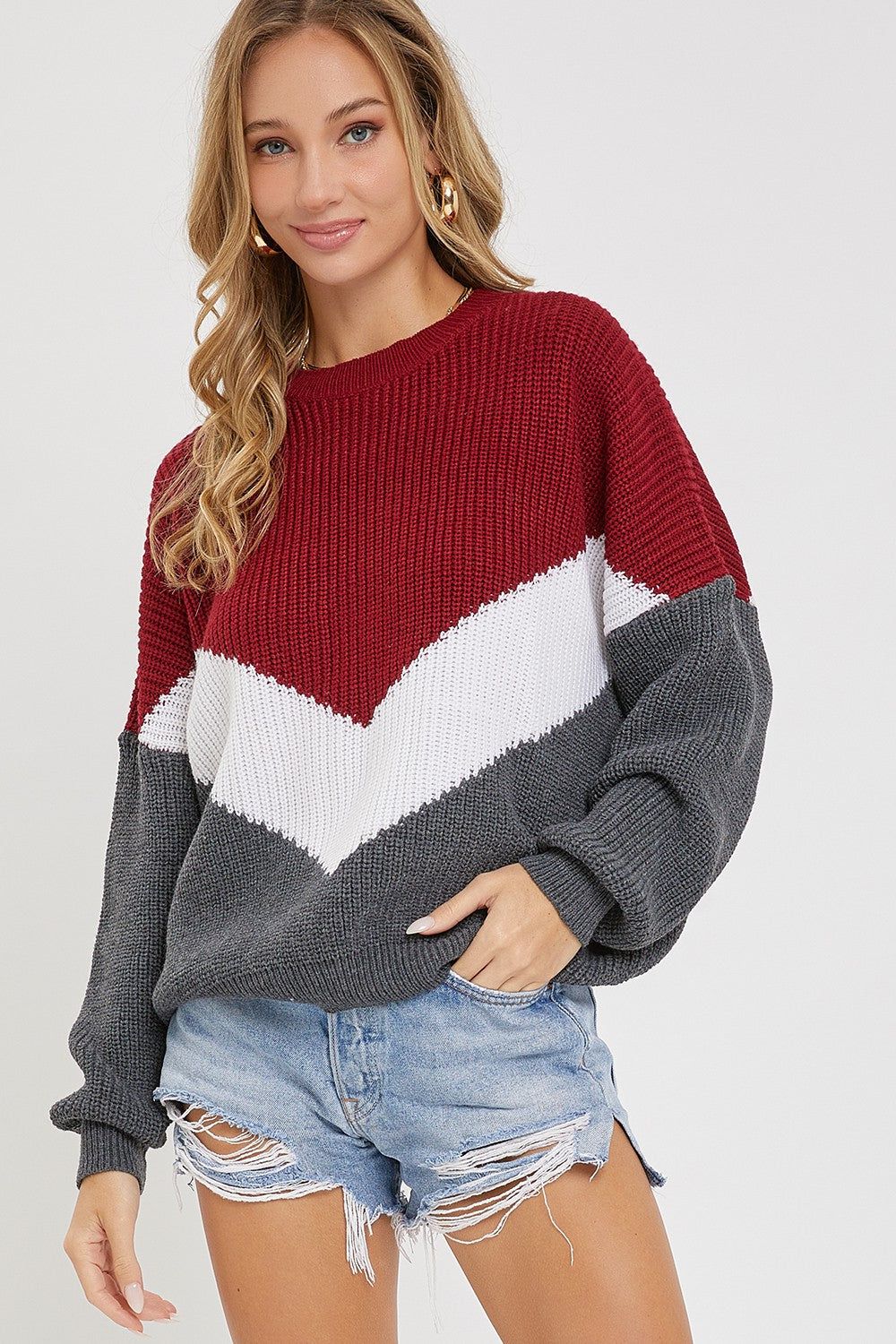 Burgundy Charcoal Chevron Sweater sold by Pinkblush