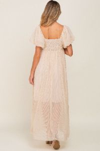Beige Pleated Puff Sleeve Maternity Maxi Dress sold by Pinkblush
