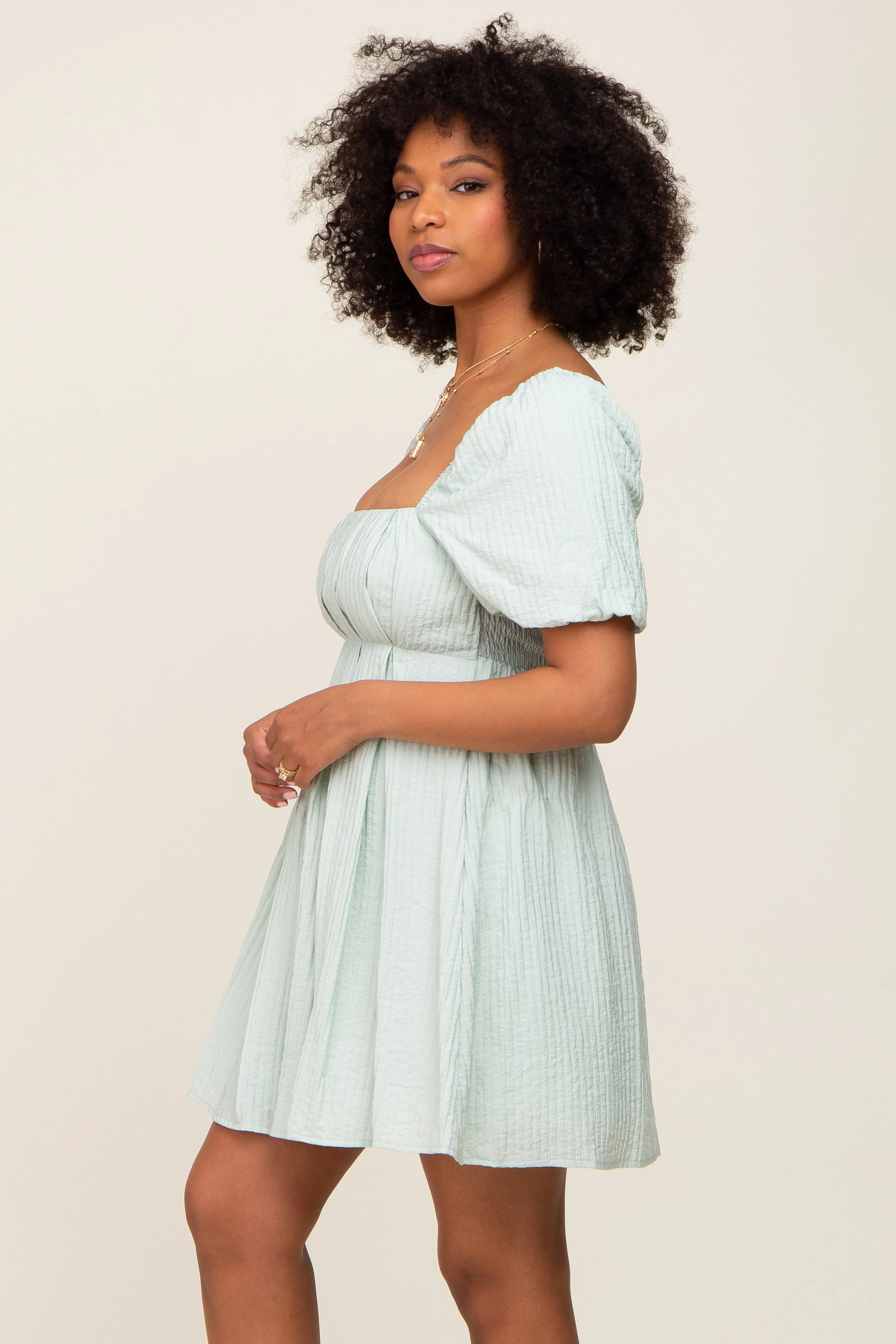 Sage Striped Pleated Puff Sleeve Mini Dress sold by Pinkblush product image thumbnail 3
