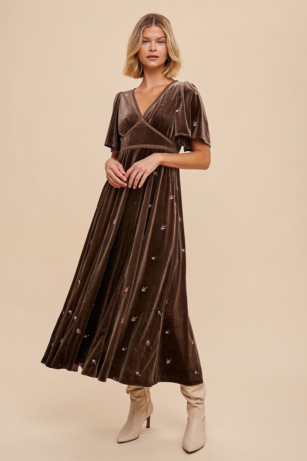 Pewter All Over Floral Embroidered Velvet Maxi Dress sold by Pinkblush product image thumbnail 2