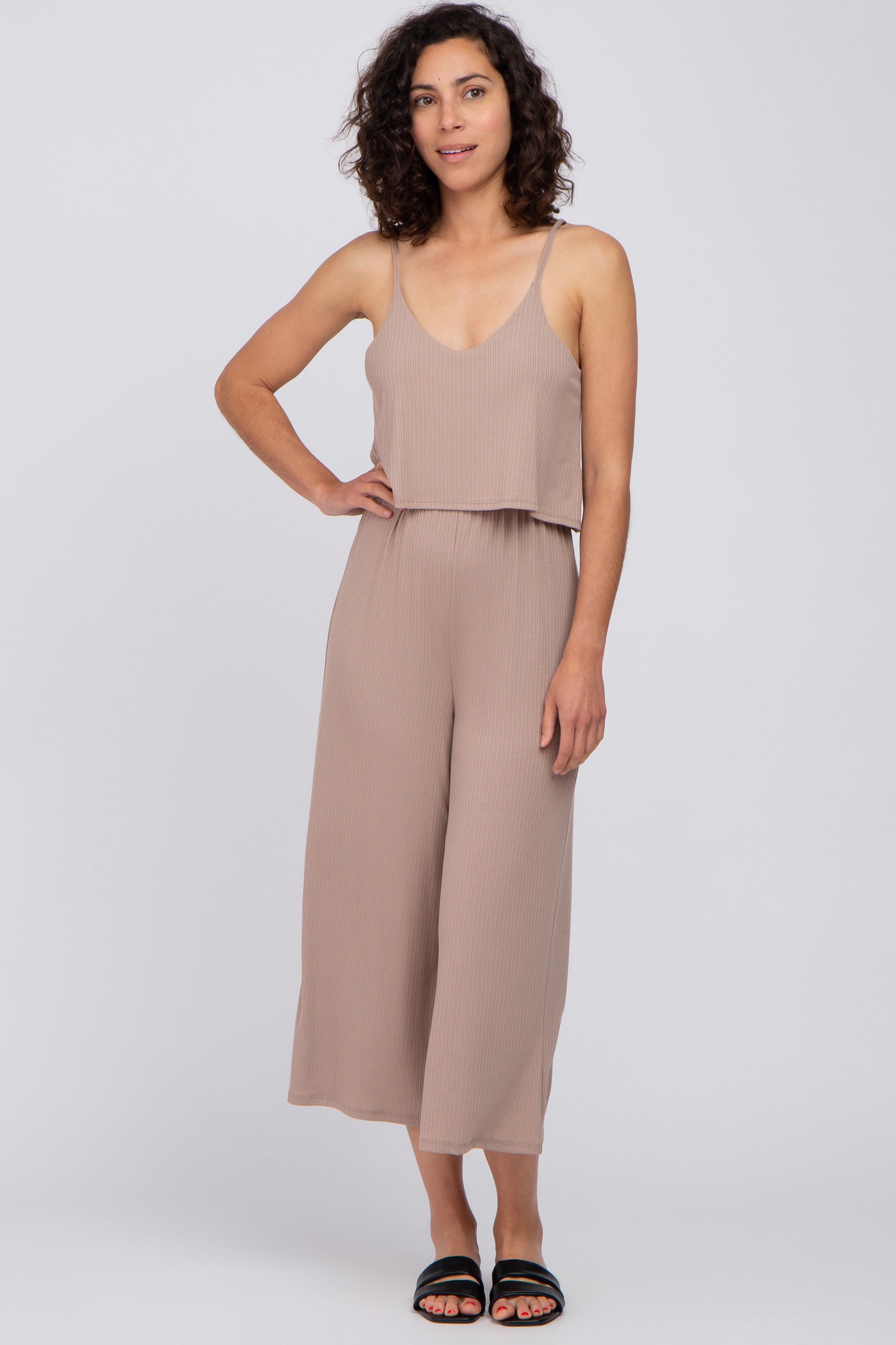 Taupe Ribbed Double Layer Cropped Jumpsuit sold by Pinkblush