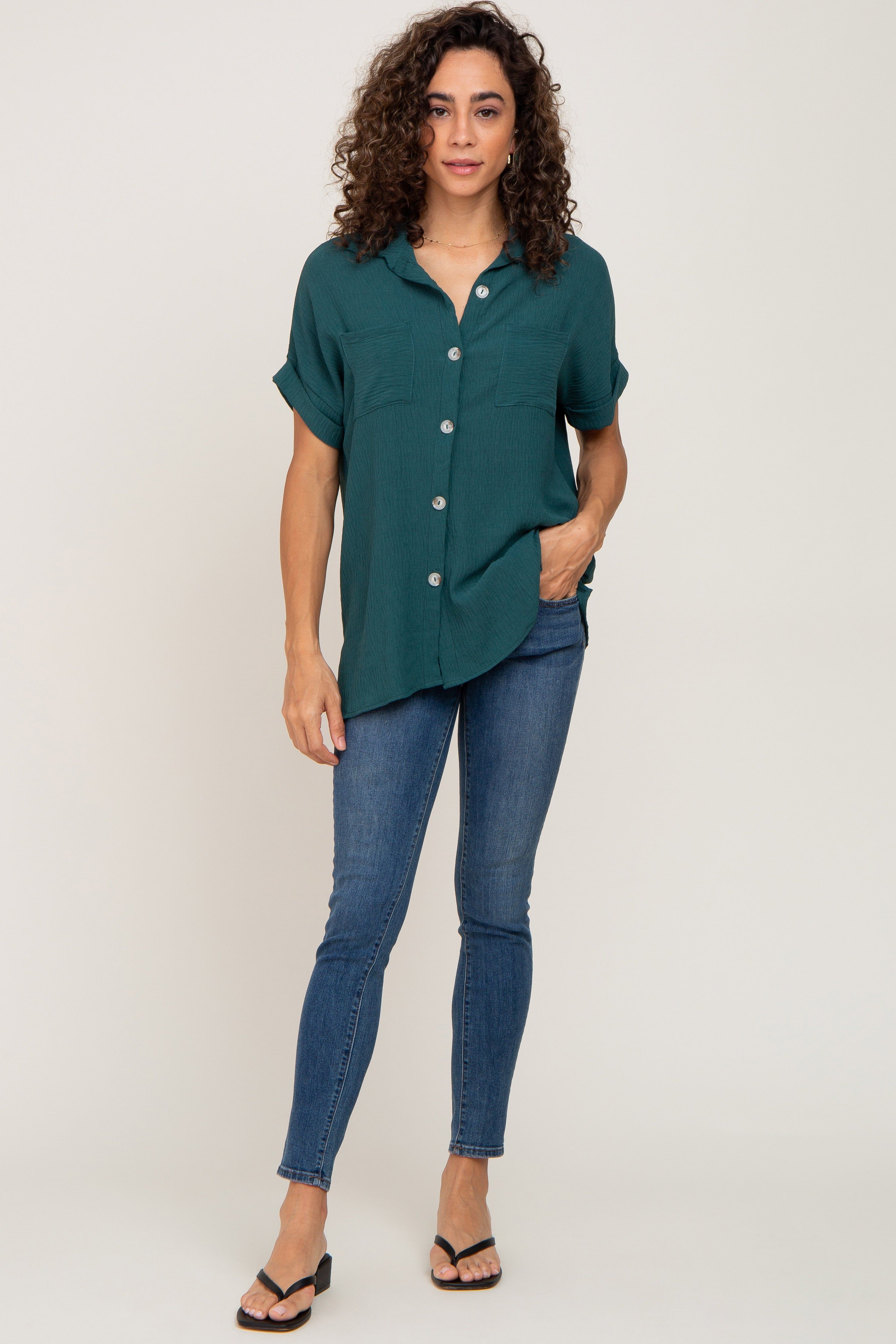 Forest Green Collared Button-Down Short Sleeve Blouse sold by Pinkblush product image thumbnail 4