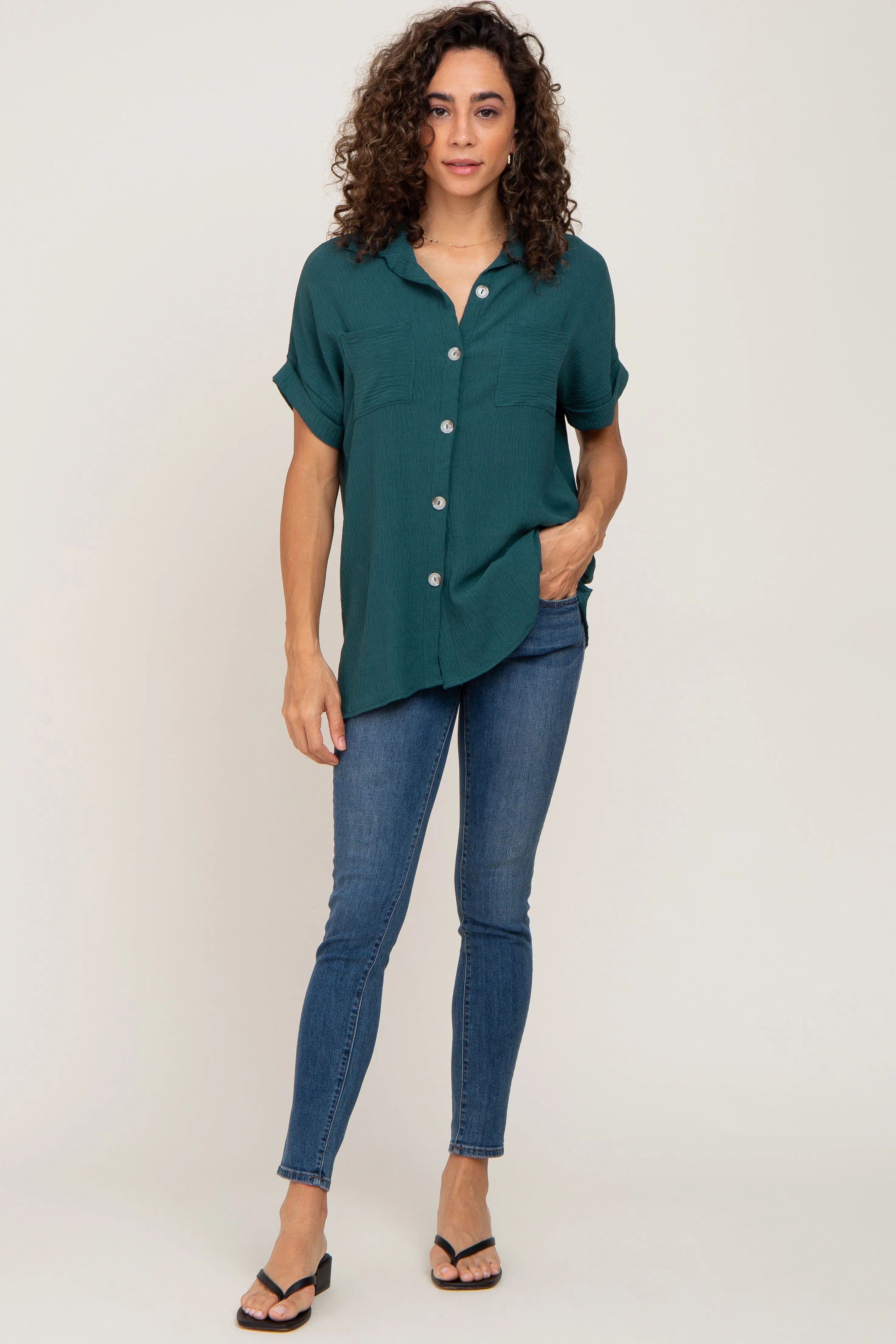 Forest Green Collared Button-Down Short Sleeve Blouse sold by Pinkblush product image thumbnail 4