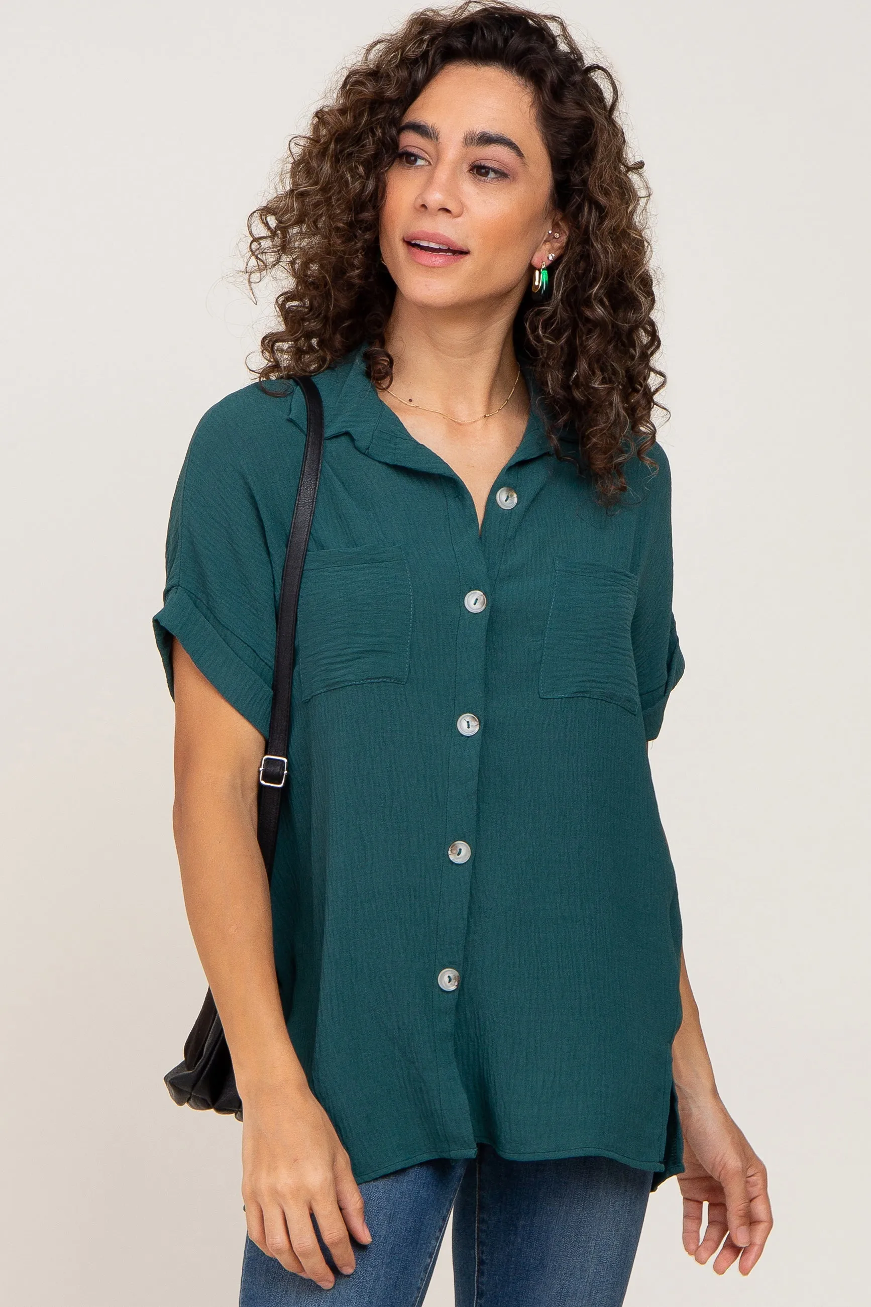 Forest Green Collared Button-Down Short Sleeve Blouse sold by Pinkblush