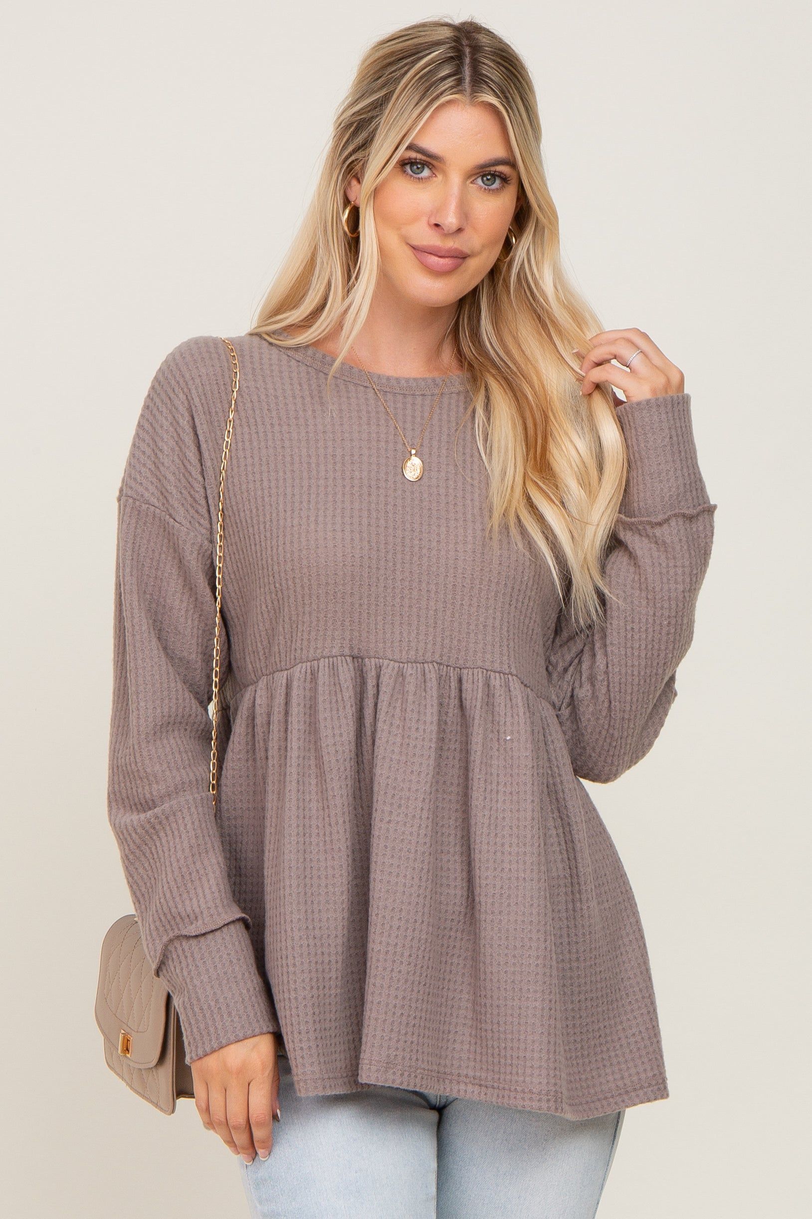 Mocha Waffle Knit Long Sleeve Top sold by Pinkblush