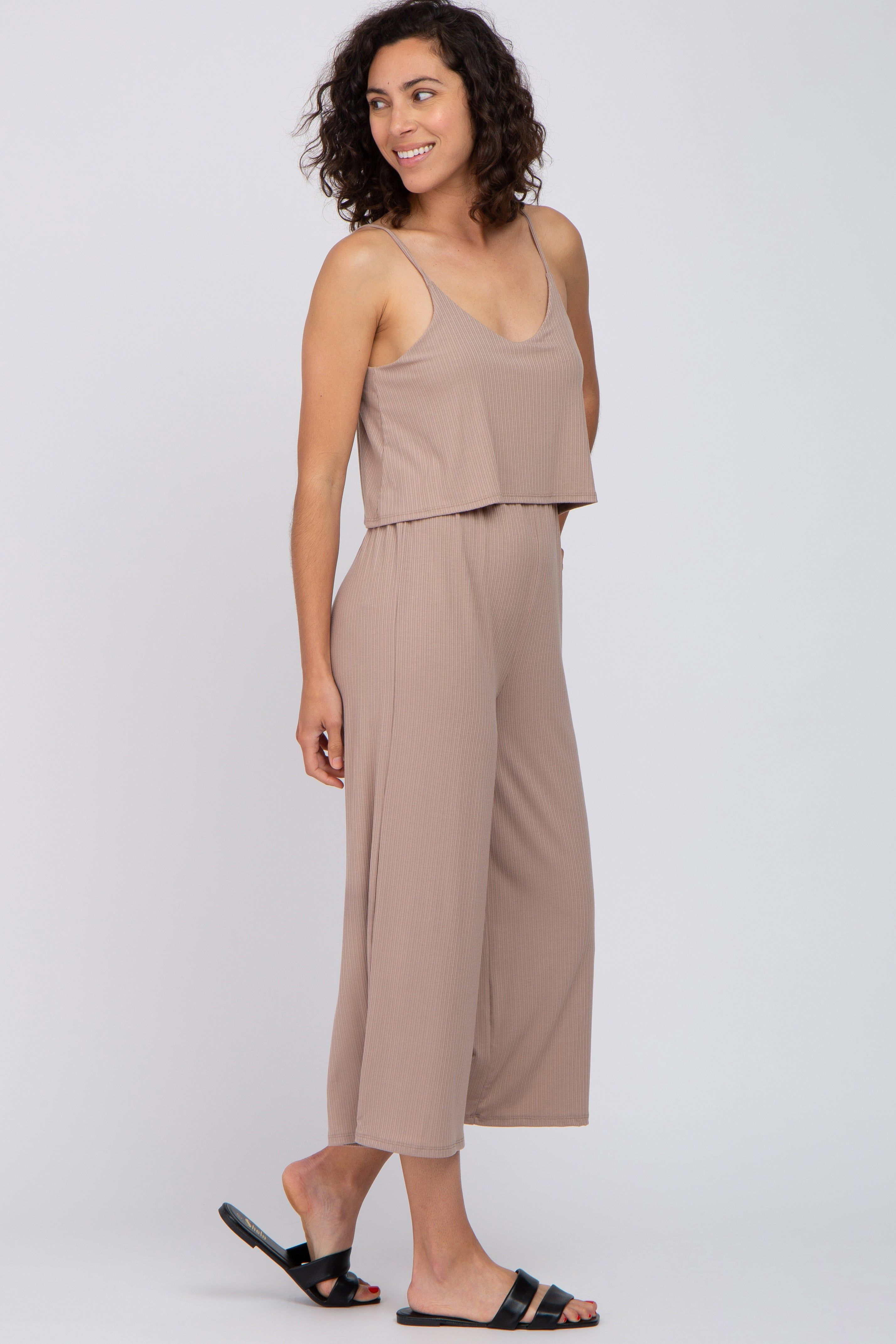 Taupe Ribbed Double Layer Cropped Jumpsuit sold by Pinkblush product image thumbnail 2