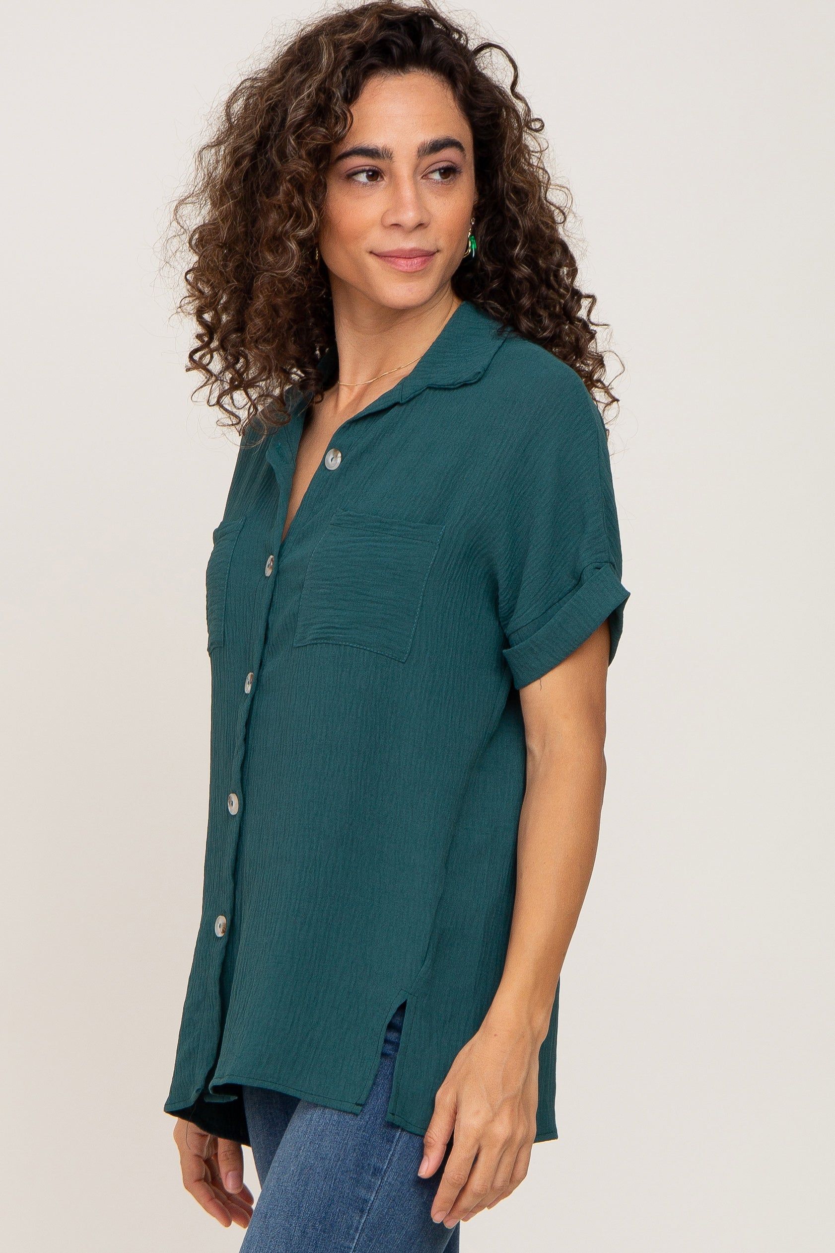 Forest Green Collared Button-Down Short Sleeve Blouse sold by Pinkblush product image thumbnail 2