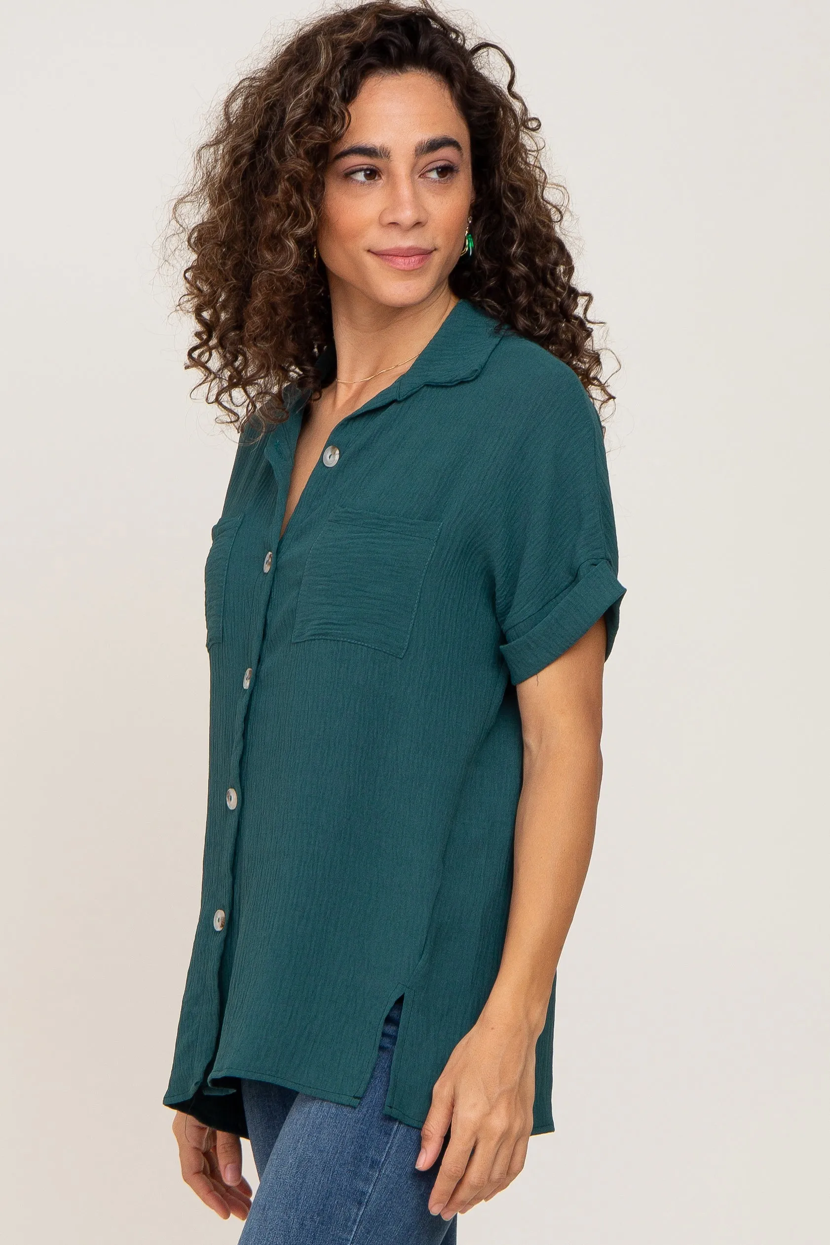 Forest Green Collared Button-Down Short Sleeve Blouse sold by Pinkblush product image thumbnail 2