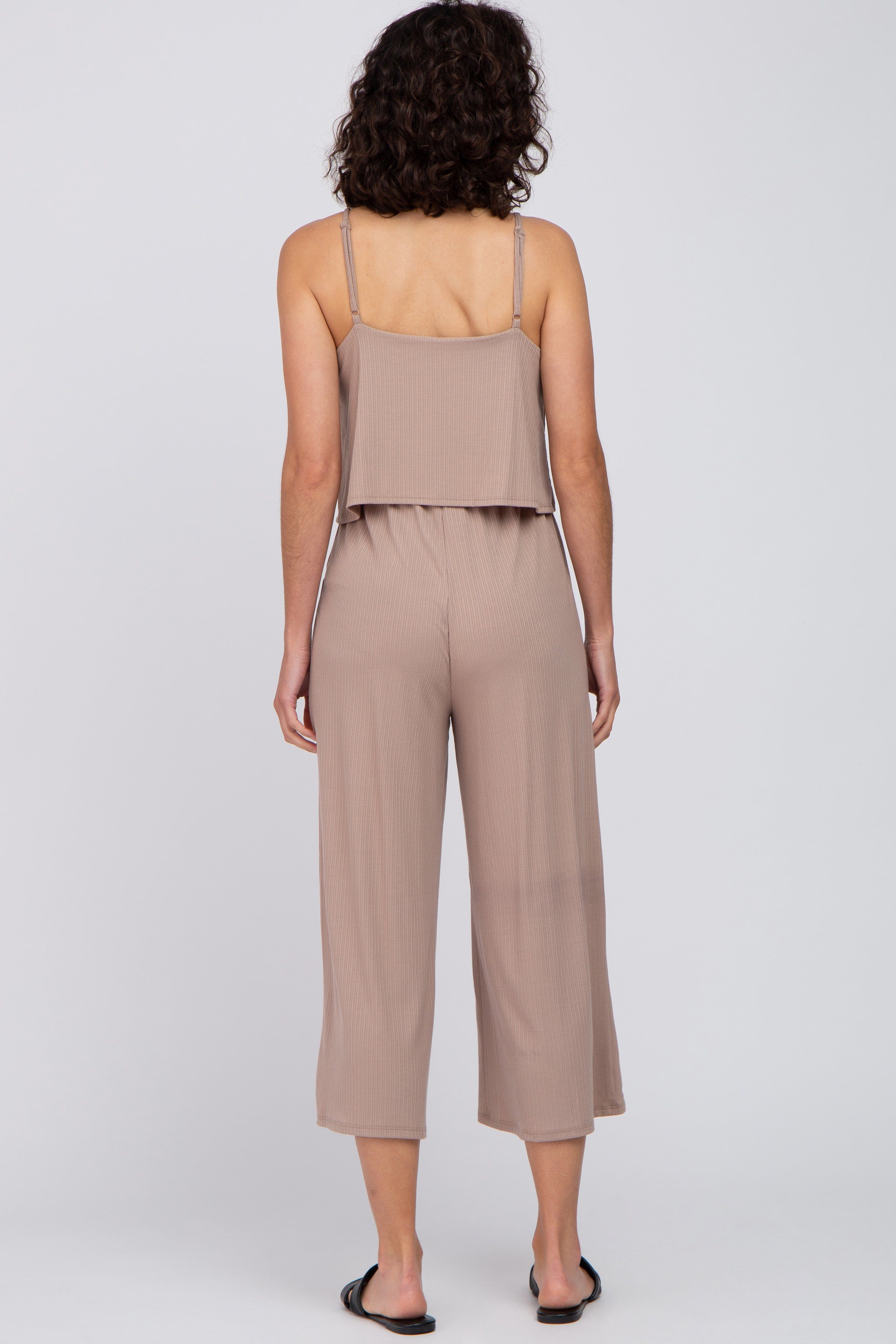 Taupe Ribbed Double Layer Cropped Jumpsuit sold by Pinkblush product image thumbnail 3