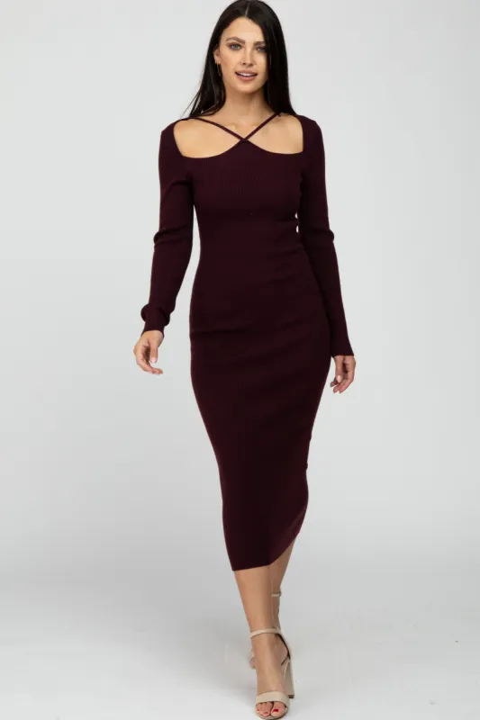 Plum Ribbed Strap Front Cutout Midi Dress sold by Pinkblush