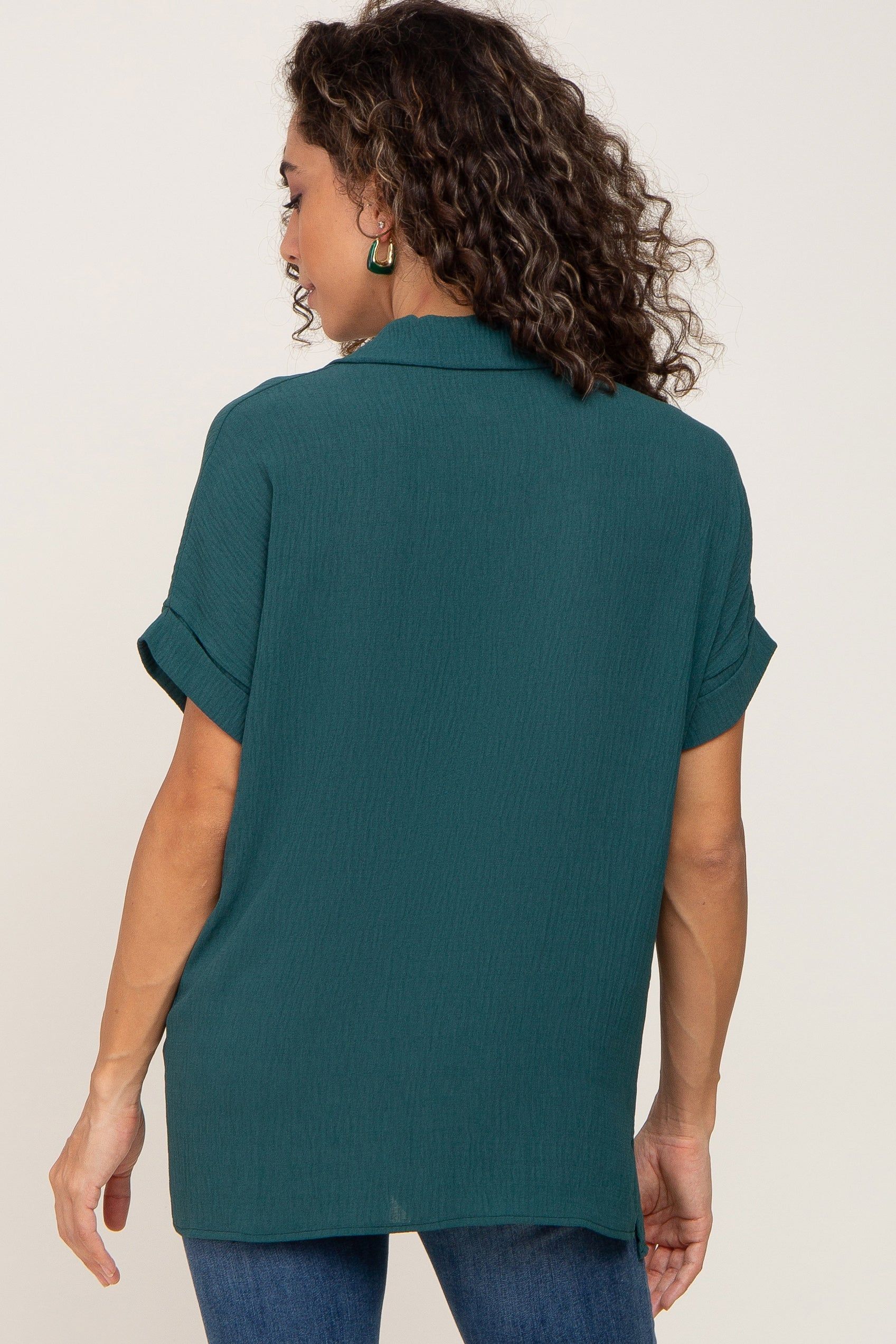 Forest Green Collared Button-Down Short Sleeve Blouse sold by Pinkblush product image thumbnail 3
