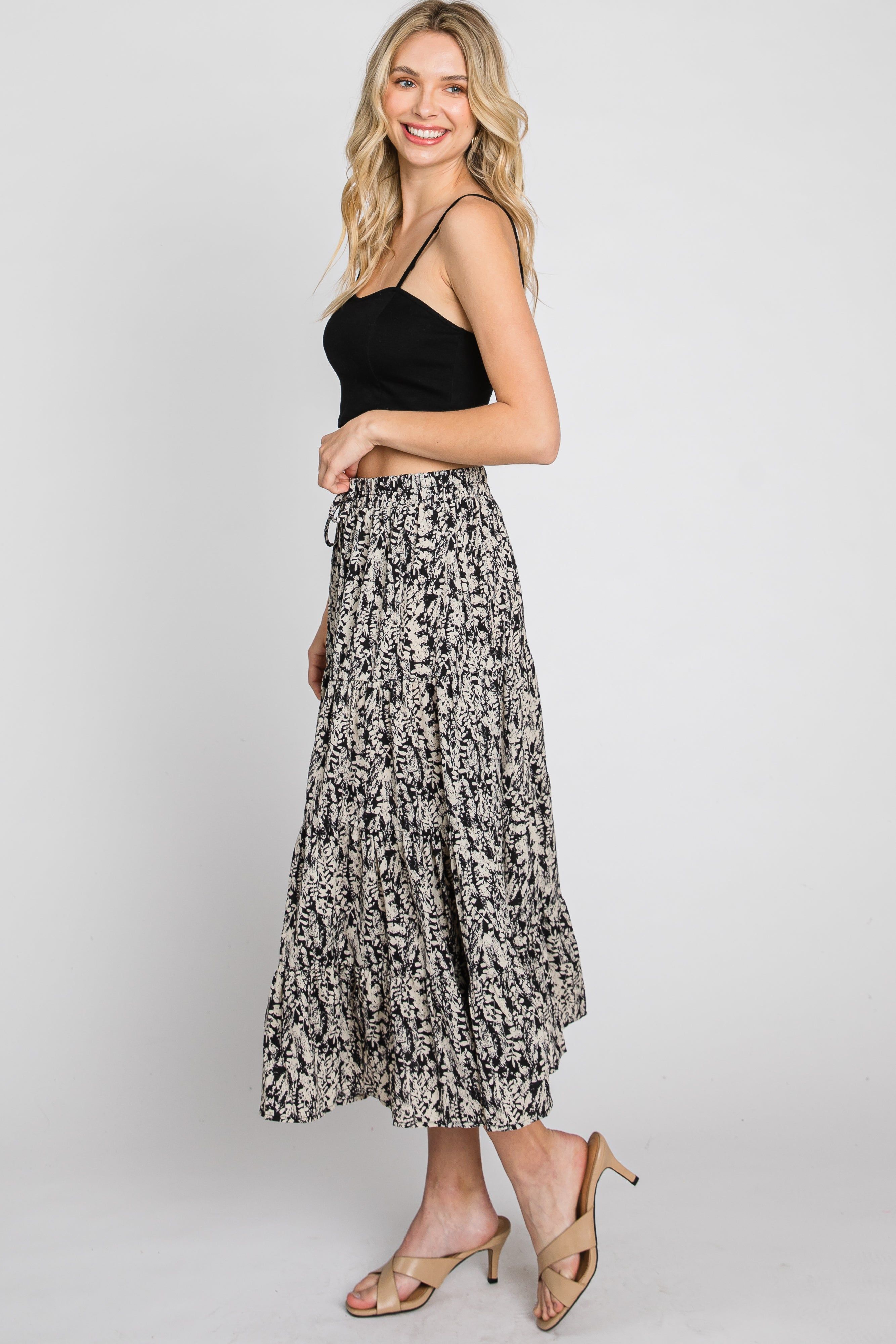 Black Leaf Print Tiered Midi Skirt sold by Pinkblush product image thumbnail 5