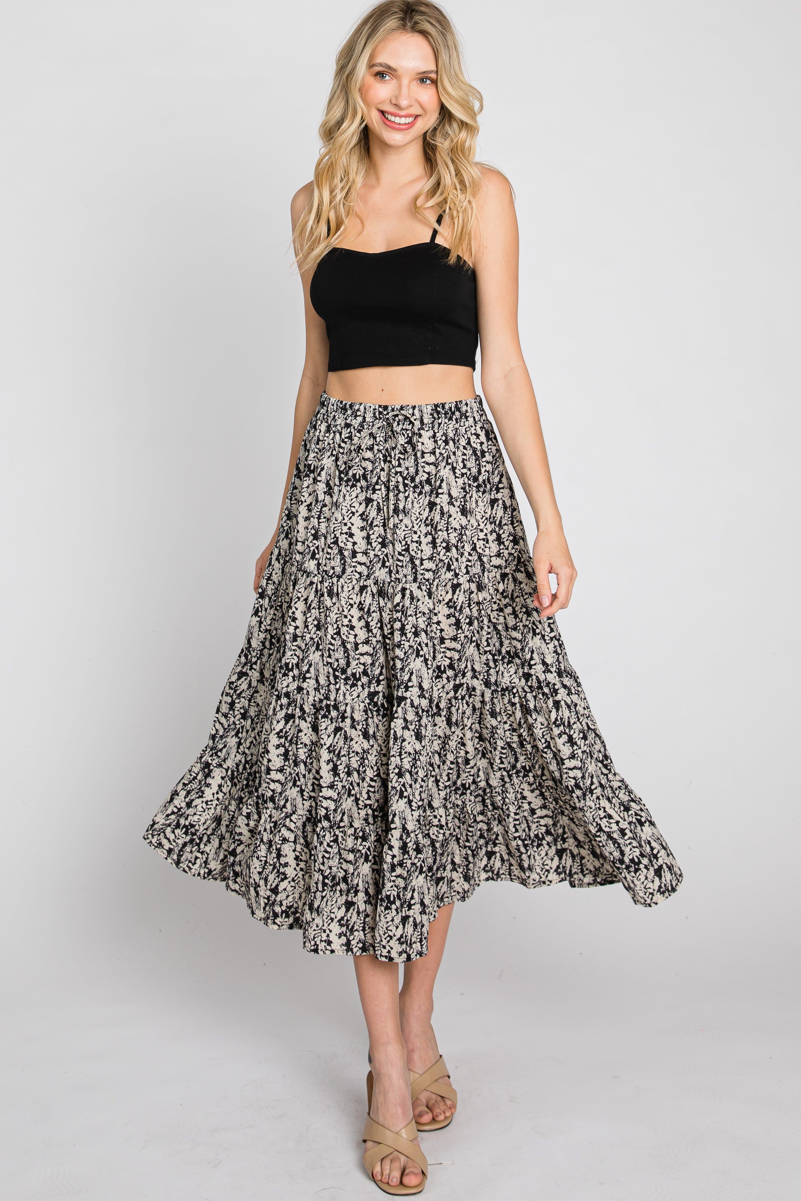 Black Leaf Print Tiered Midi Skirt sold by Pinkblush product image thumbnail 2