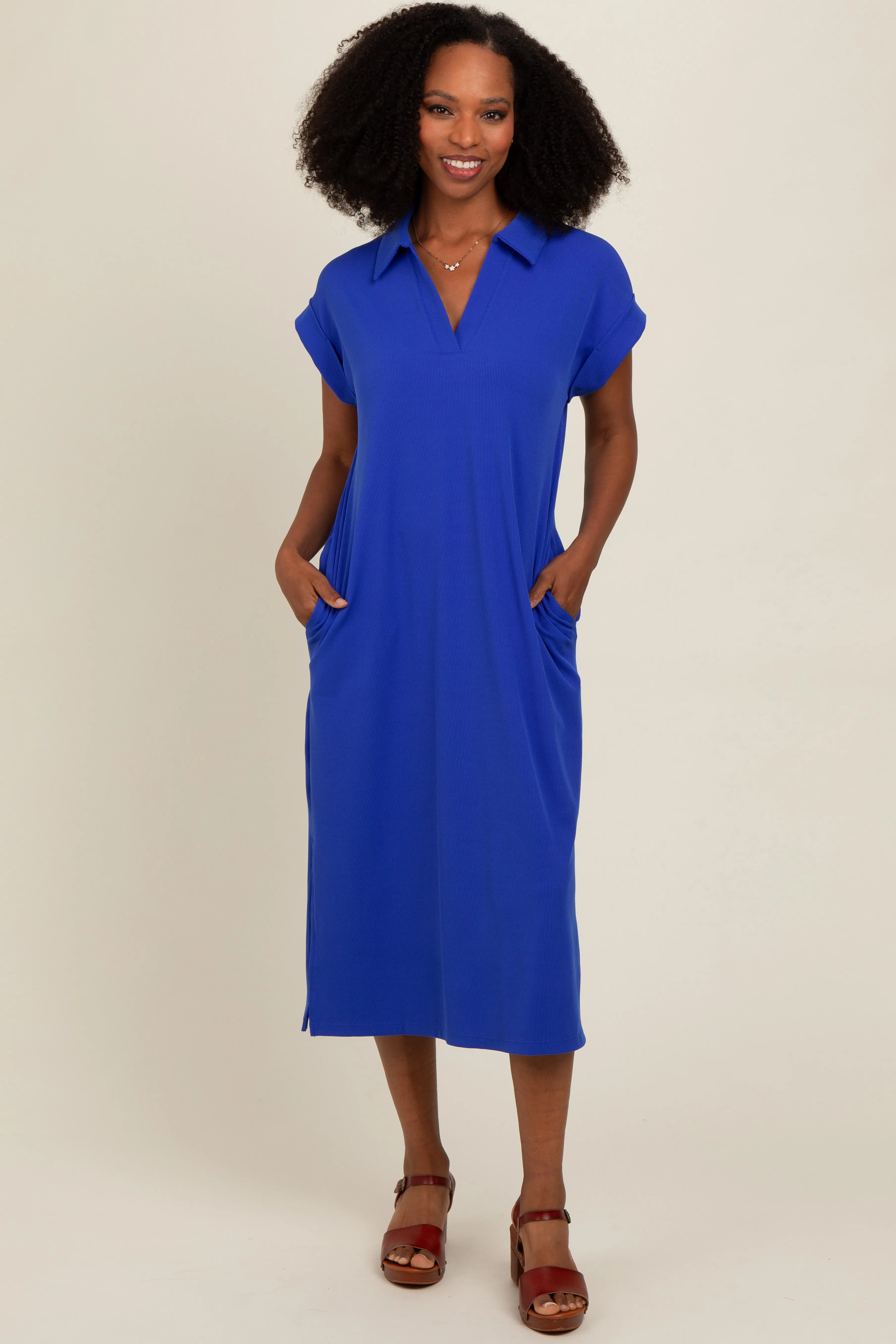 Royal Blue Collared Side Slit Maternity Midi Dress sold by Pinkblush product image thumbnail 4