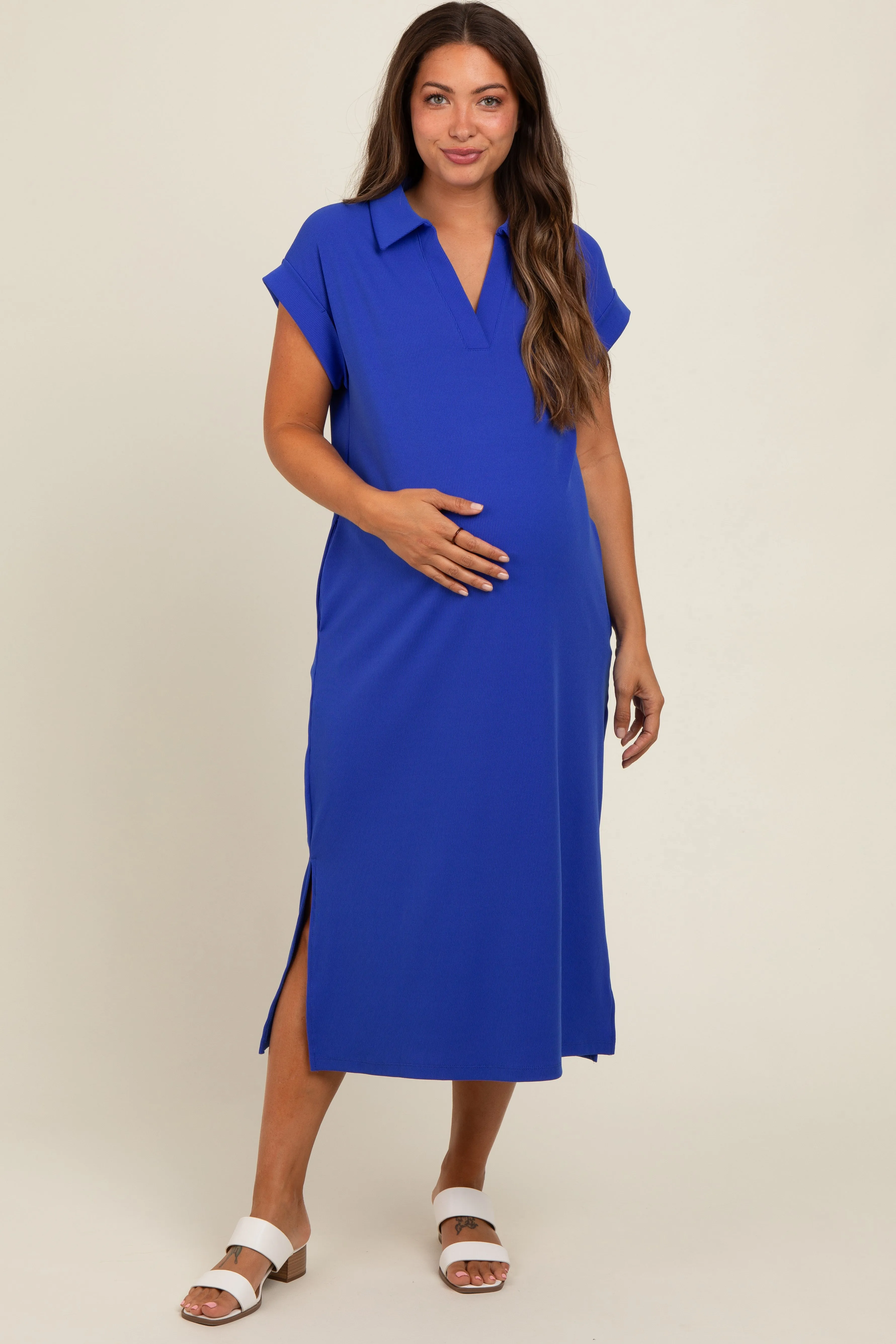 Royal Blue Collared Side Slit Maternity Midi Dress sold by Pinkblush